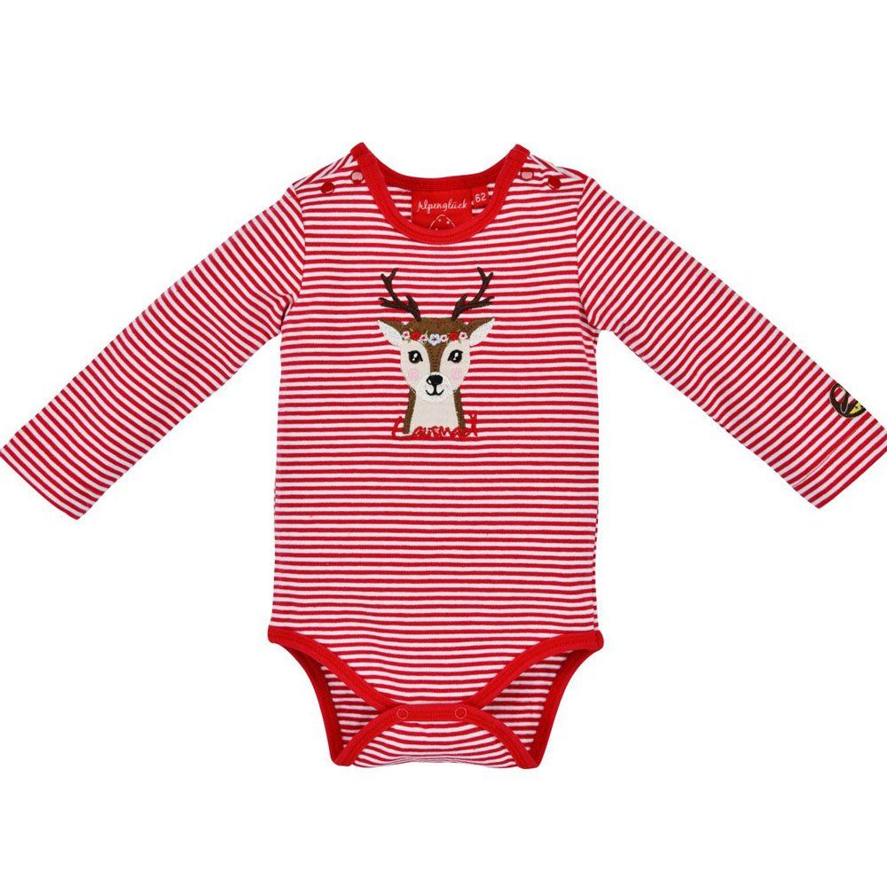 BONDI Langarmbody Baby Body "Lausmadl" mit Rehmotiv 86559 - Rot Geringelt, Mädchen