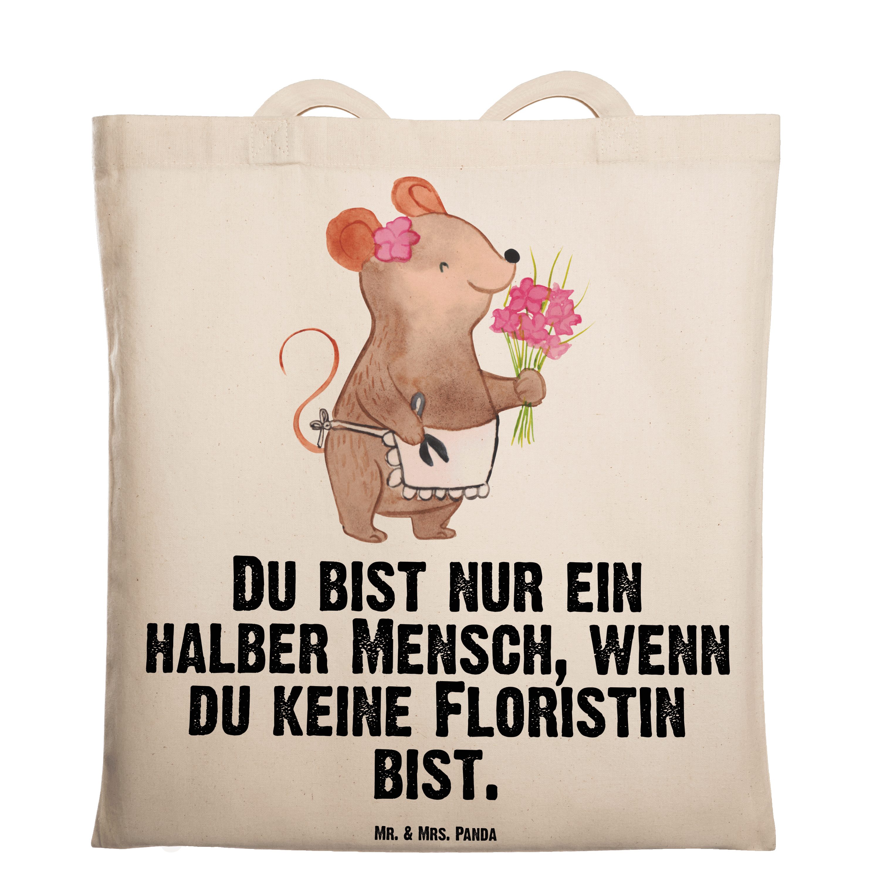 Mr. & Mrs. Panda Tragetasche Floristin mit Herz - Transparent - Geschenk, Kollegin, Blumenhändleri (1-tlg)