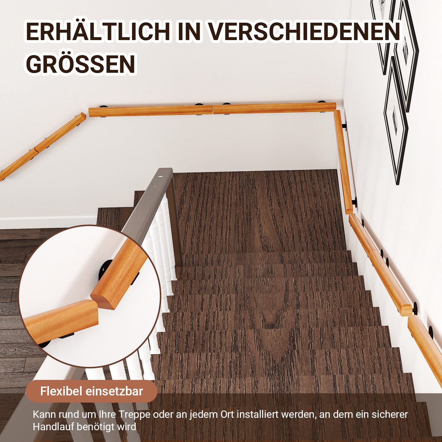 Clanmacy Handlauf Buche Handlauf 60cm Geländer Handlaufträger Hauseingang Wandhalter80, 60 cm Gesamtlänge, (Wandhandlauf Wandhalterung Innen & Außen), Wandhandl – Bild 3 von 5