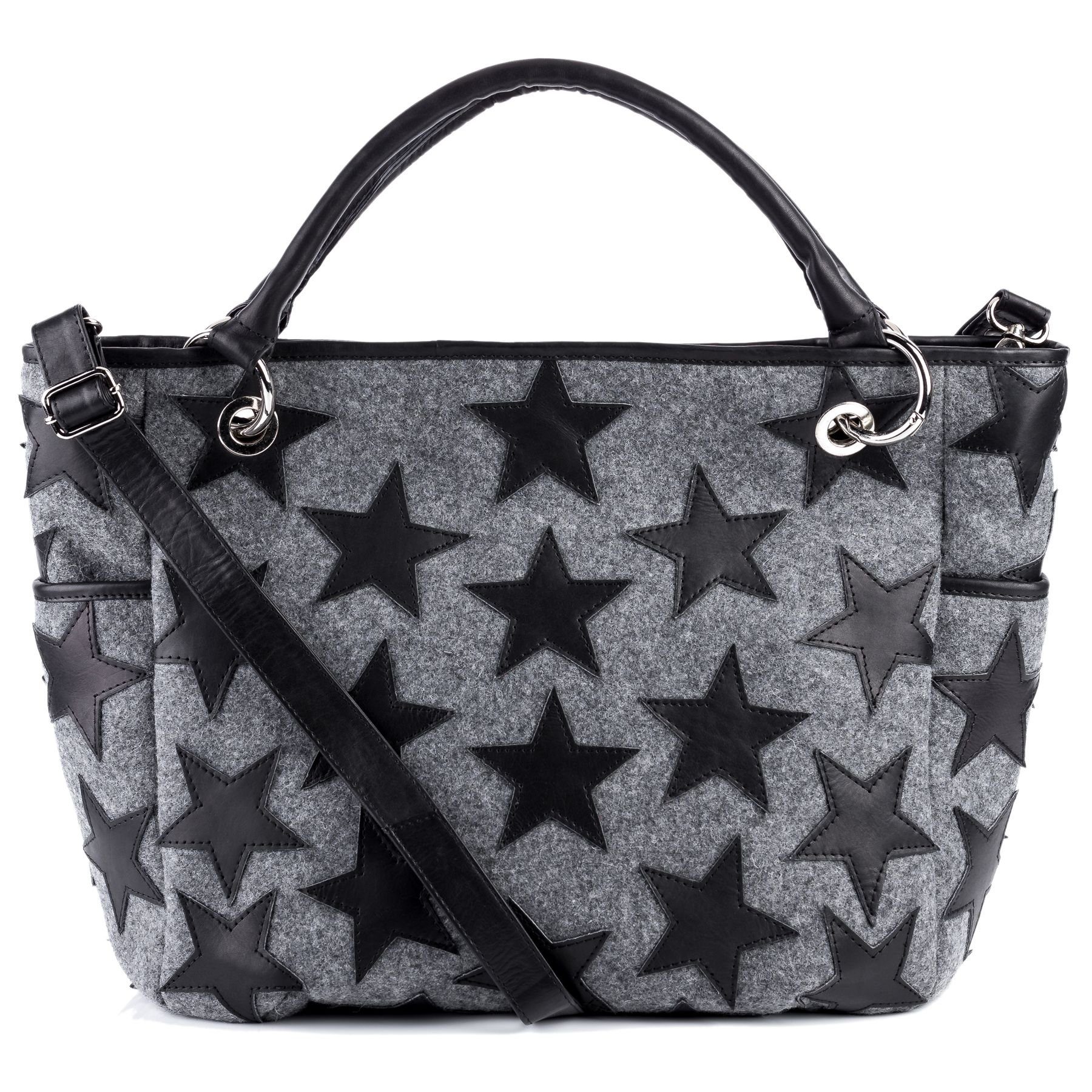 FEYNSINN Umhängetasche echt Leder Handtasche Schultertasche groß STARS, Schultertasche Filz Echtleder für Damen, Shopper schwarz-grau