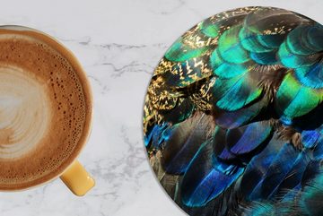 MuchoWow Glasuntersetzer Federn - Pfauenfedern - Pfau - Blau - Kunst, Zubehör für Gläser, 6-tlg., Getränkeuntersetzer, Tassenuntersetzer, Korkuntersetzer, Tasse, Becher