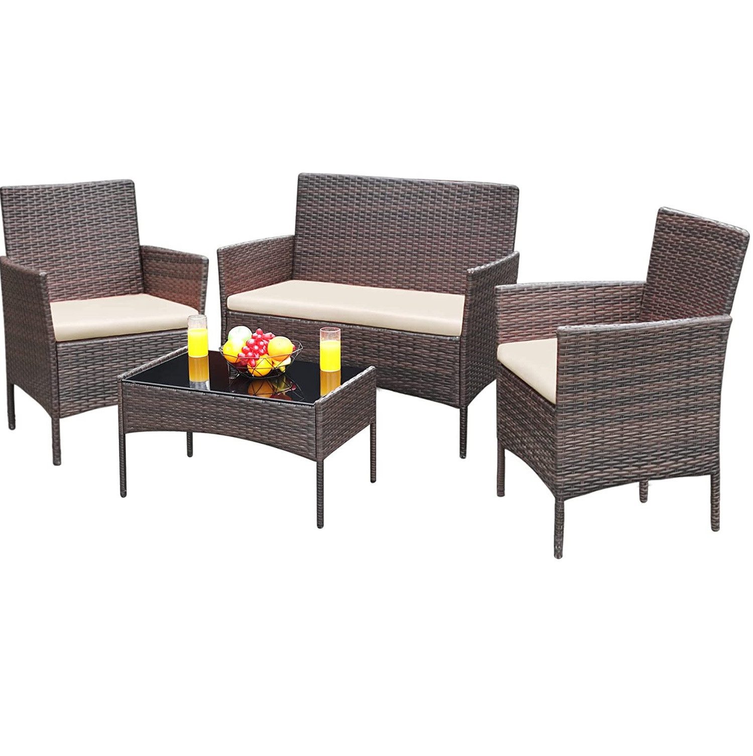 JINPALAY GartenloungeSet Rattan Balkonmöbel Sitzgruppe für 4 Personen