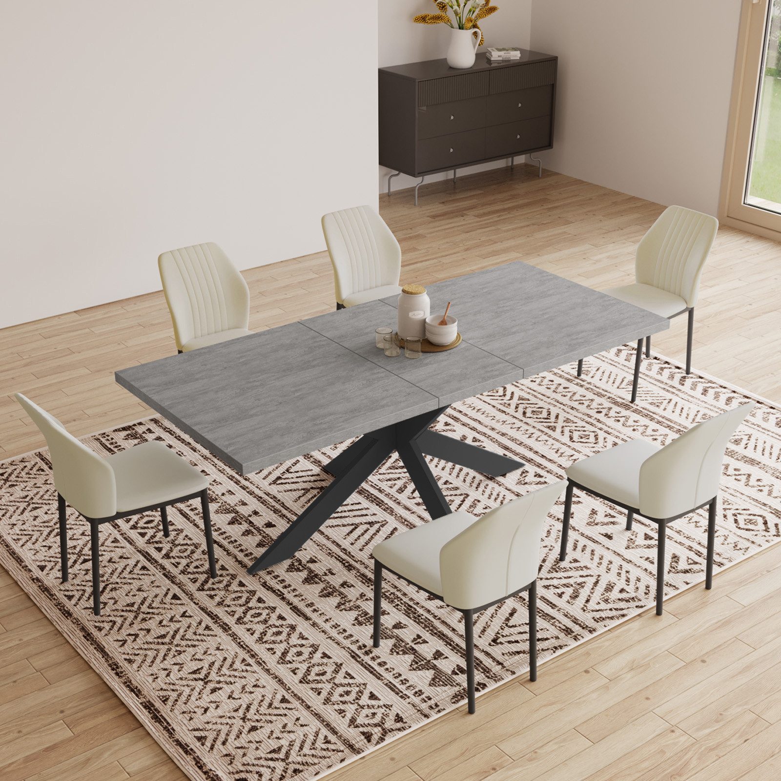 Jiexi Esstisch Tisch-und Stuhlset, Ausziehbarer Esstisch (130–170 cm) mit 4-6 Stühlen, ausziehbarer, hohe Härte, für 6 Personen