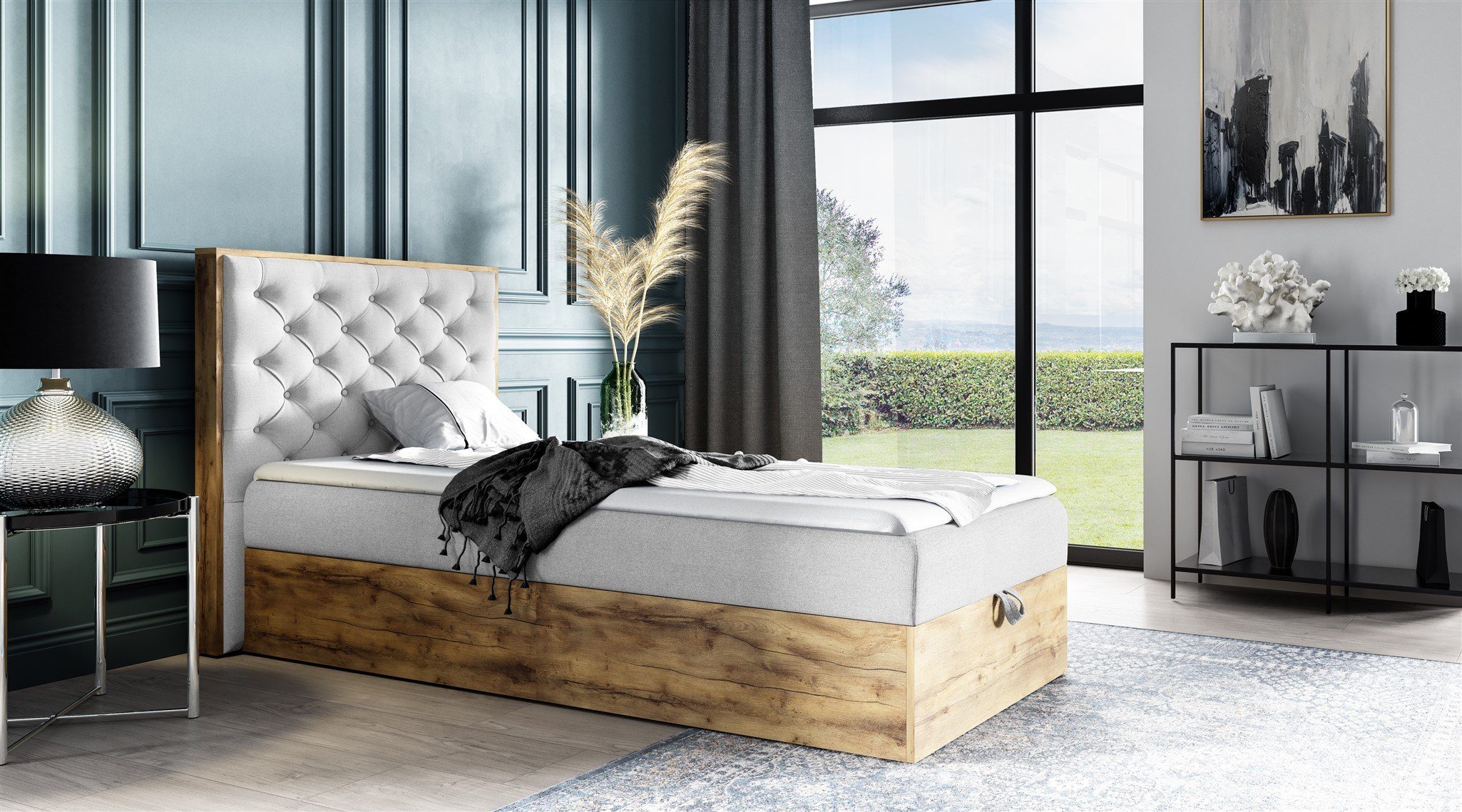 Fun Möbel Boxbett Gästebett Einzelbett Bett DIONA MINI in Stoff (Artisan-Eiche Optik, in drei Größen), Inkl. Bettkasten und Topper