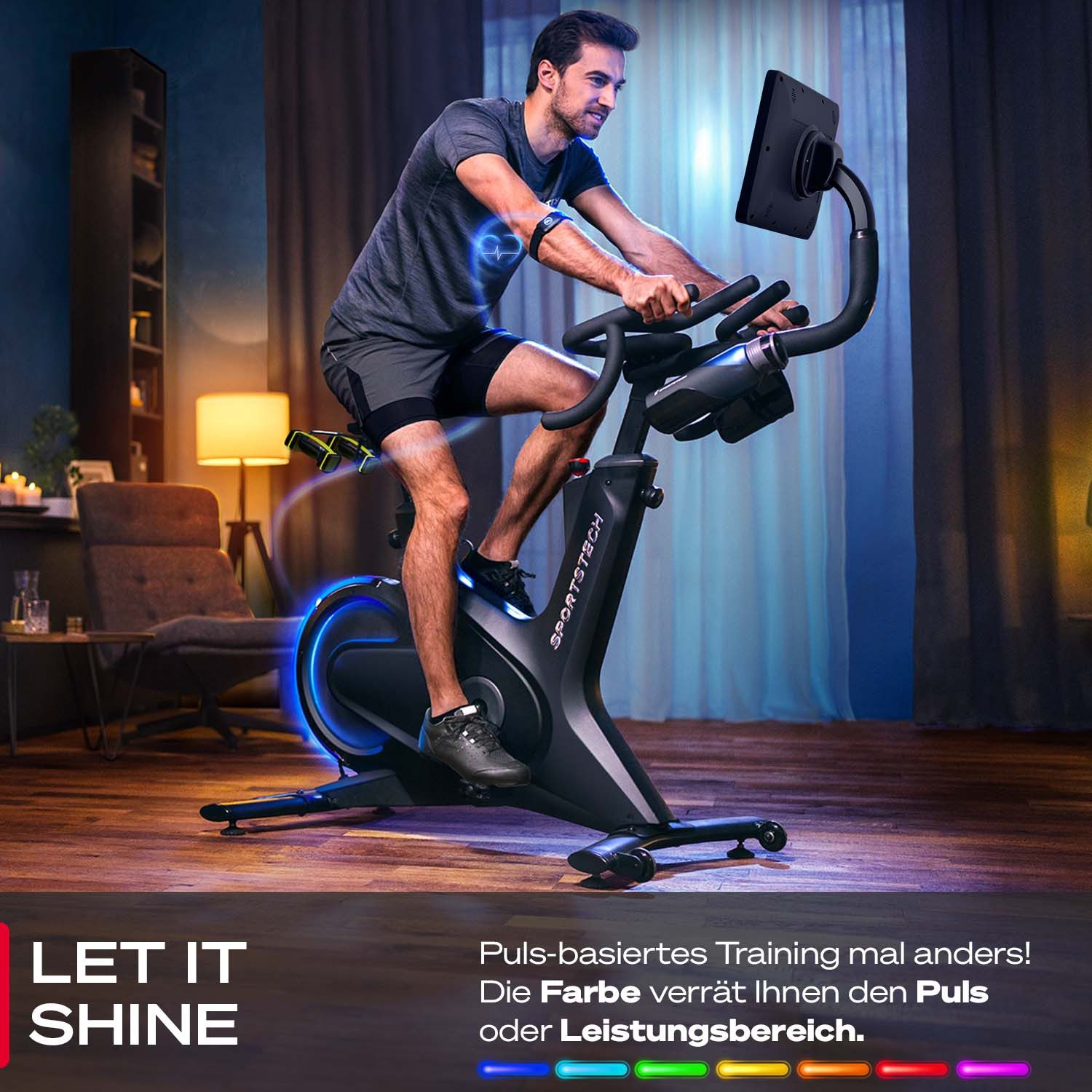 Sportstech Speedbike sBike, Transportrollen Flaschnehalter Touch-Display