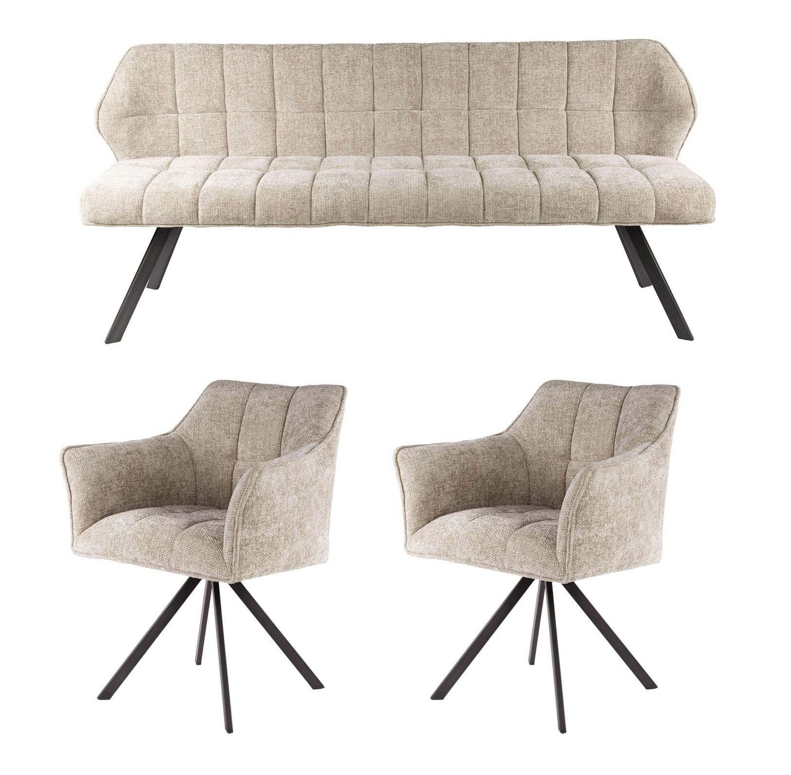LEVEN Lifestyle Polsterbank RIGO Set Esstischbank + 2 Armlehnstühle weicher Chenille Stoff, Set 3 teilig - bestehend aus Sitzbank 180 cm und 2 Drehstühlen