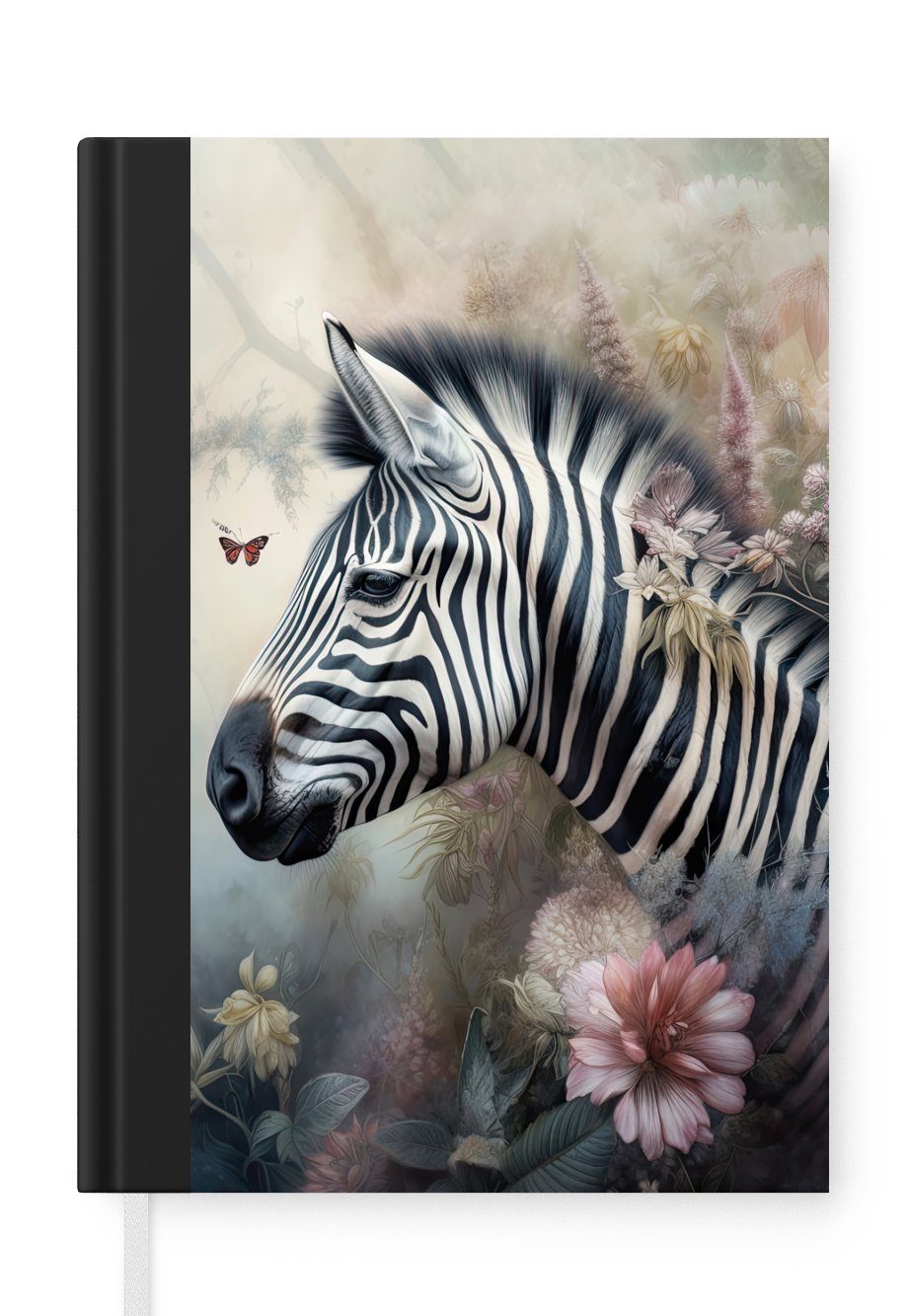 MuchoWow Notizbuch Zebra - Wilde Tiere - Schmetterling - Blumen, Journal, Merkzettel, Tagebuch, Notizheft, A5, 98 Seiten, Haushaltsbuch