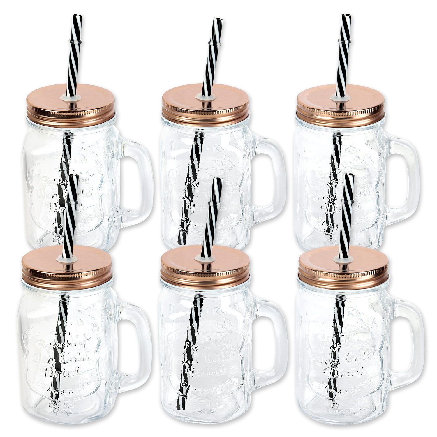 Glas Schramm® 6 Stück Trinkgläser mit Deckel, Henkel und Mehrweg -Strohhalm Trinkhalm wiederverwendbar (iii) in 4 Varianten wählbar Glas Gläser Trinkglas Cocktail Drinking