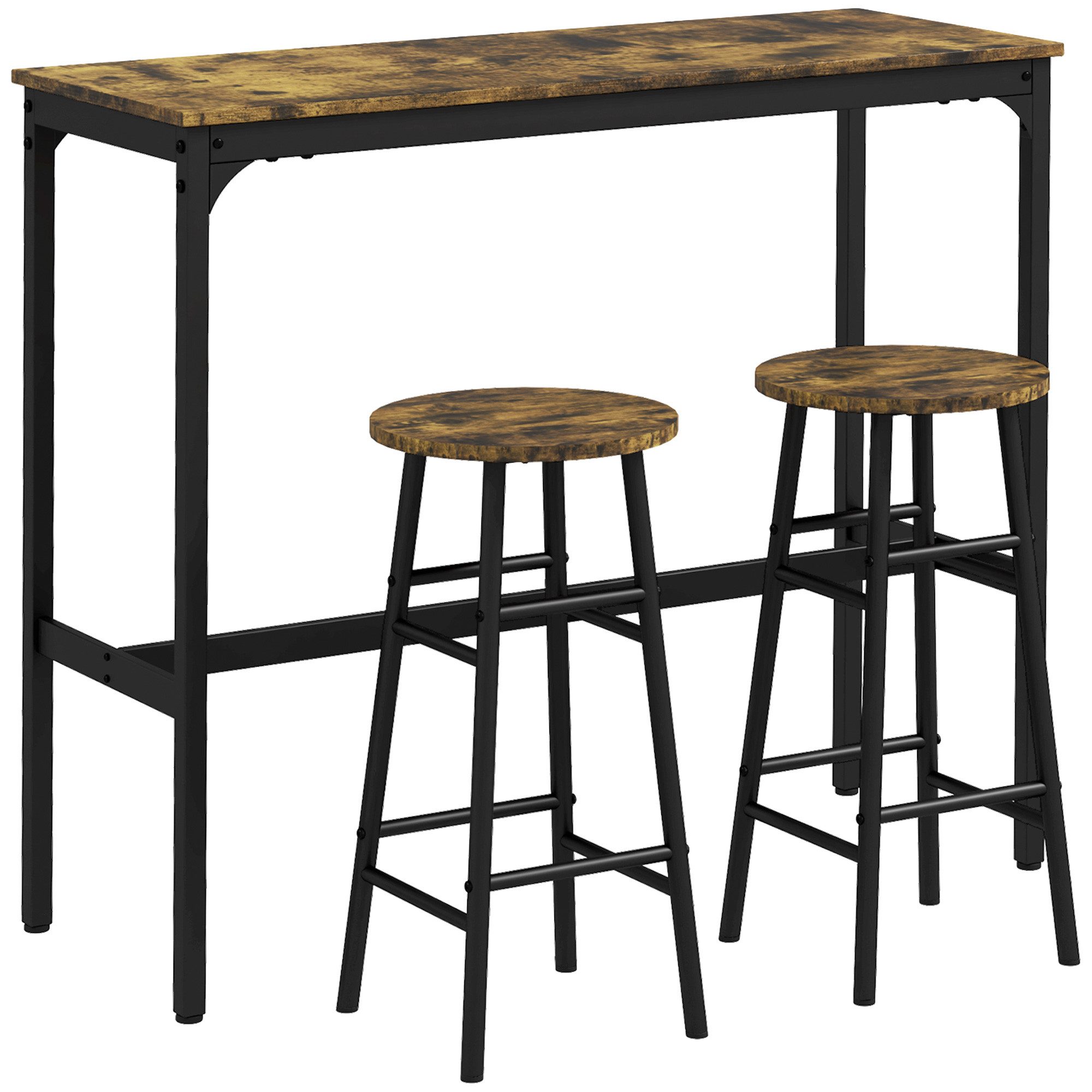 MC Star Bargruppe Bartisch-Set, 3tlg. Bartisch mit Barhocker Set, Essgruppe, (im Industriedesign, Küchentisch mit 2 Barhocker, für Esszimmer, Küche, Stahl, Rustikal-Braun)