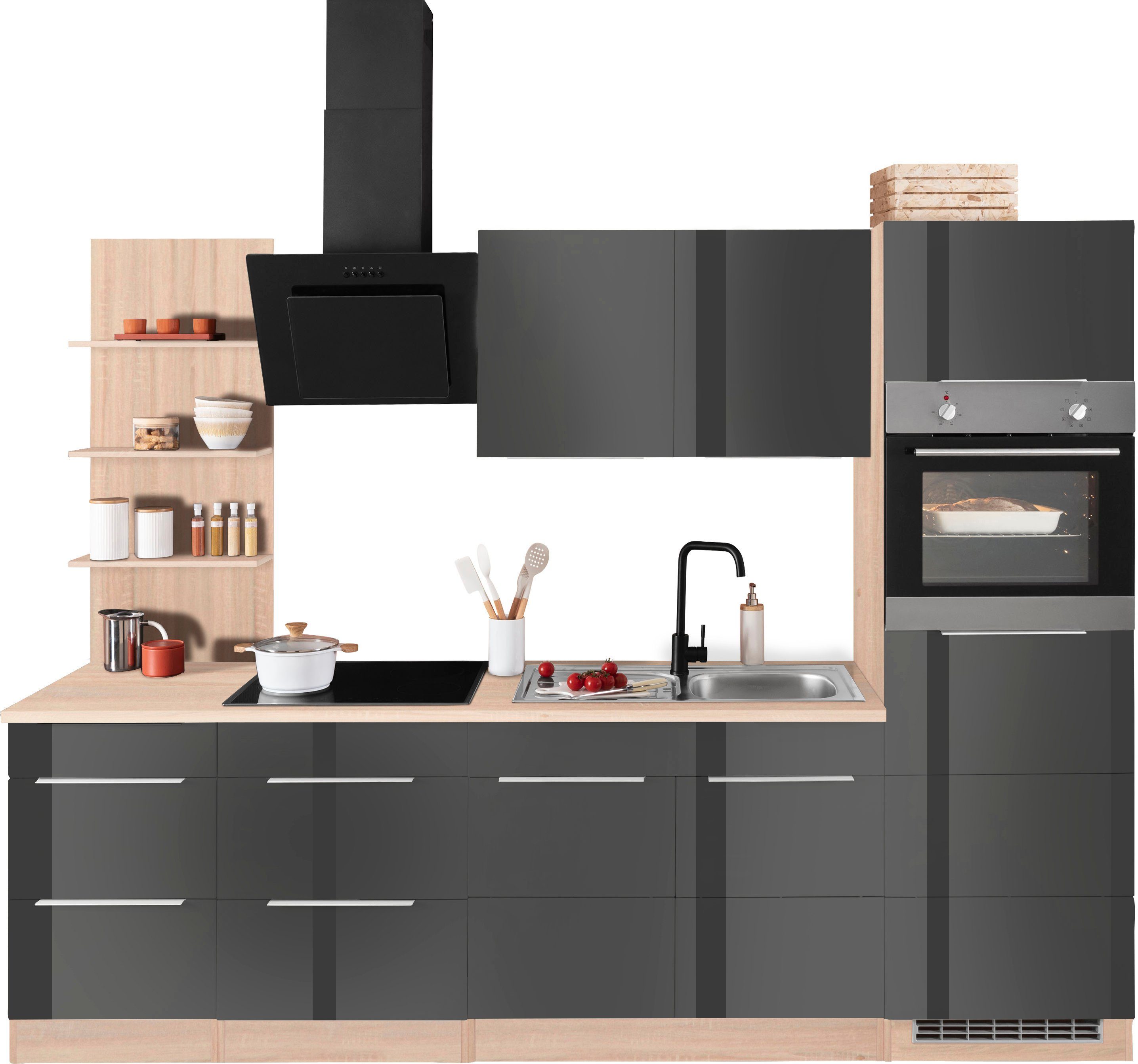 KOCHSTATION Küchenzeile KS-Brindisi Breite 270 cm, wahlweise mit E-Geräten und Induktion, mit MDF-Fronten und Regal