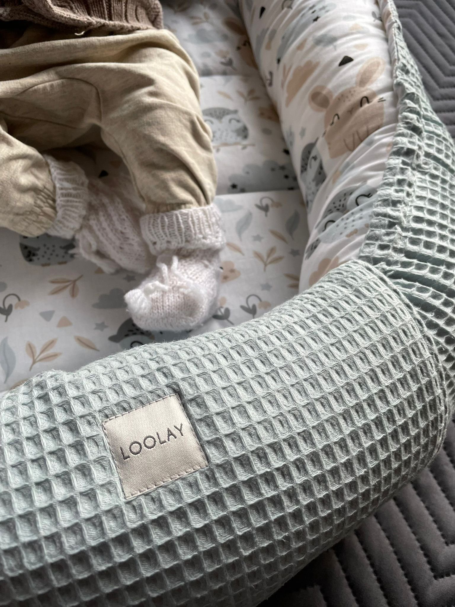 Loolay Bettnestchen Minze WAFFELPIQUE/ HASE Beige Weiß Babynest Babyausstattung, (Reisebett Nestchen SOLO/ o. in PREMIUM Geschenk SETS für Neugeborene, 5-tlg., 4 Jahreszeiten ATMUNGSAKTIVER WAFFELSTOFF Bestseller GESCHENK), LOOLAY® - 100% Europäische Stoffe und Kleinserien-Nähen!