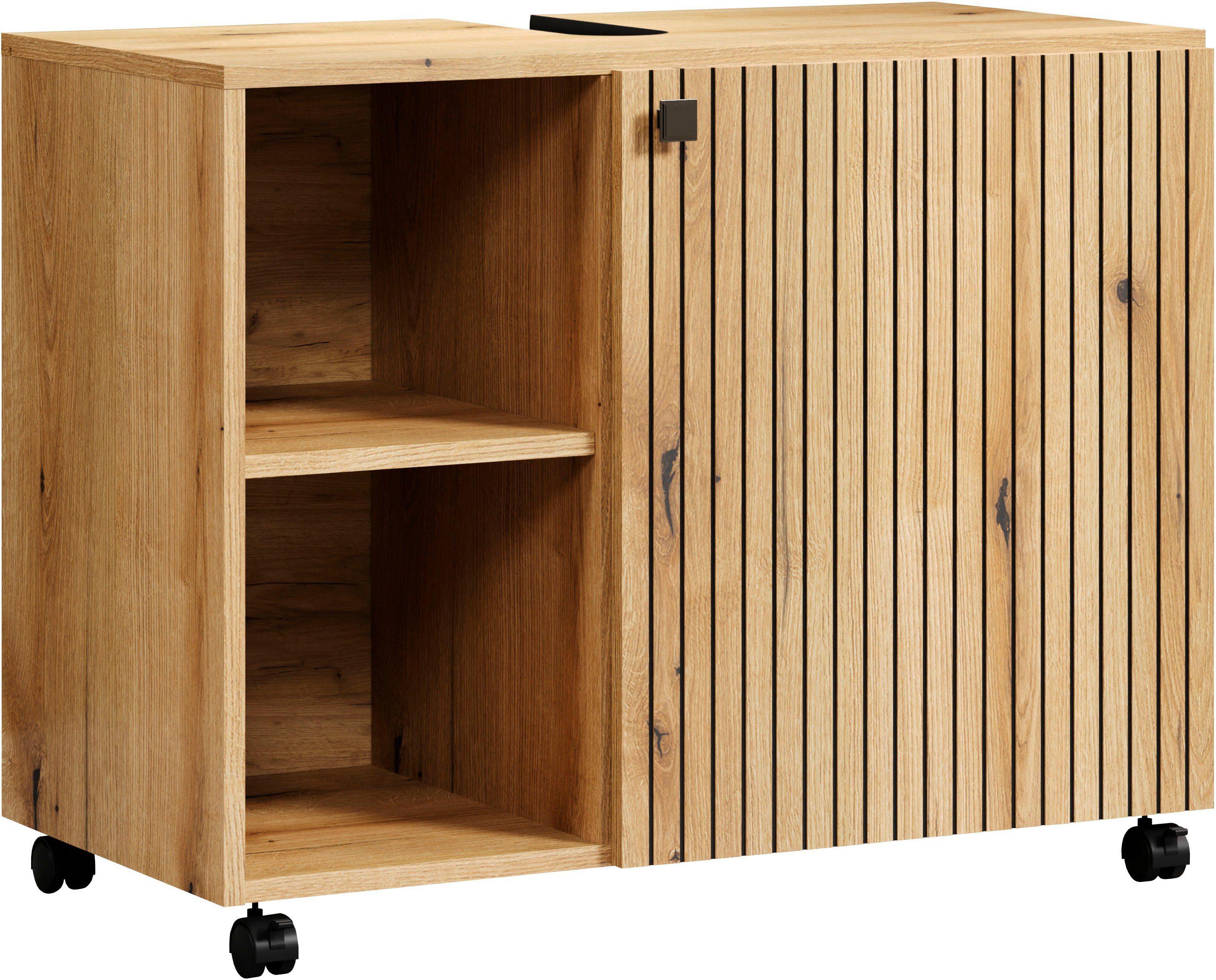 welltime Waschbeckenunterschrank Amrum WBU mit Siphonausschnitt Badschrank mit offenen Fach BxHxT 80 x 64 x 42cm Waschbeckenunterschrank Eiche Rillenoptik