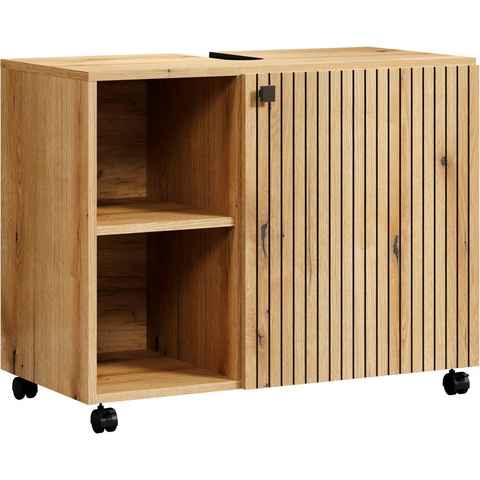 welltime Waschbeckenunterschrank Amrum WBU mit Siphonausschnitt Badschrank mit offenen Fach BxHxT 80 x 64 x 42cm Waschbeckenunterschrank Eiche Rillenoptik