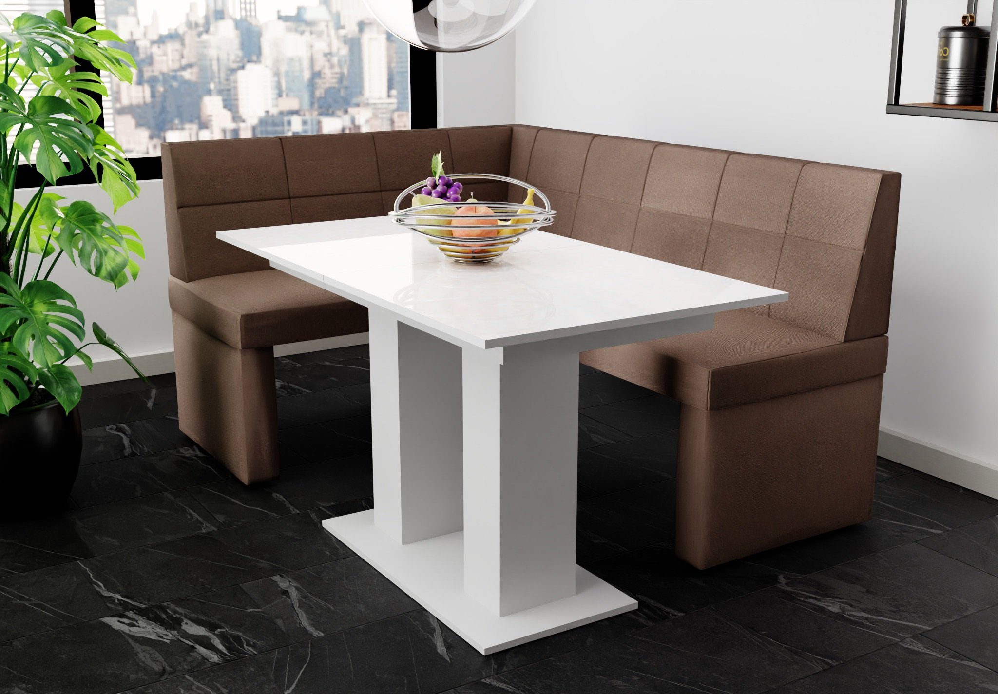 Tisch „BLAKE“ Eckbankgruppe Hochglanz, Eckbankgruppe Weiß Fun ausziehbarer Möbel Tisch Größe mit 168x128cm