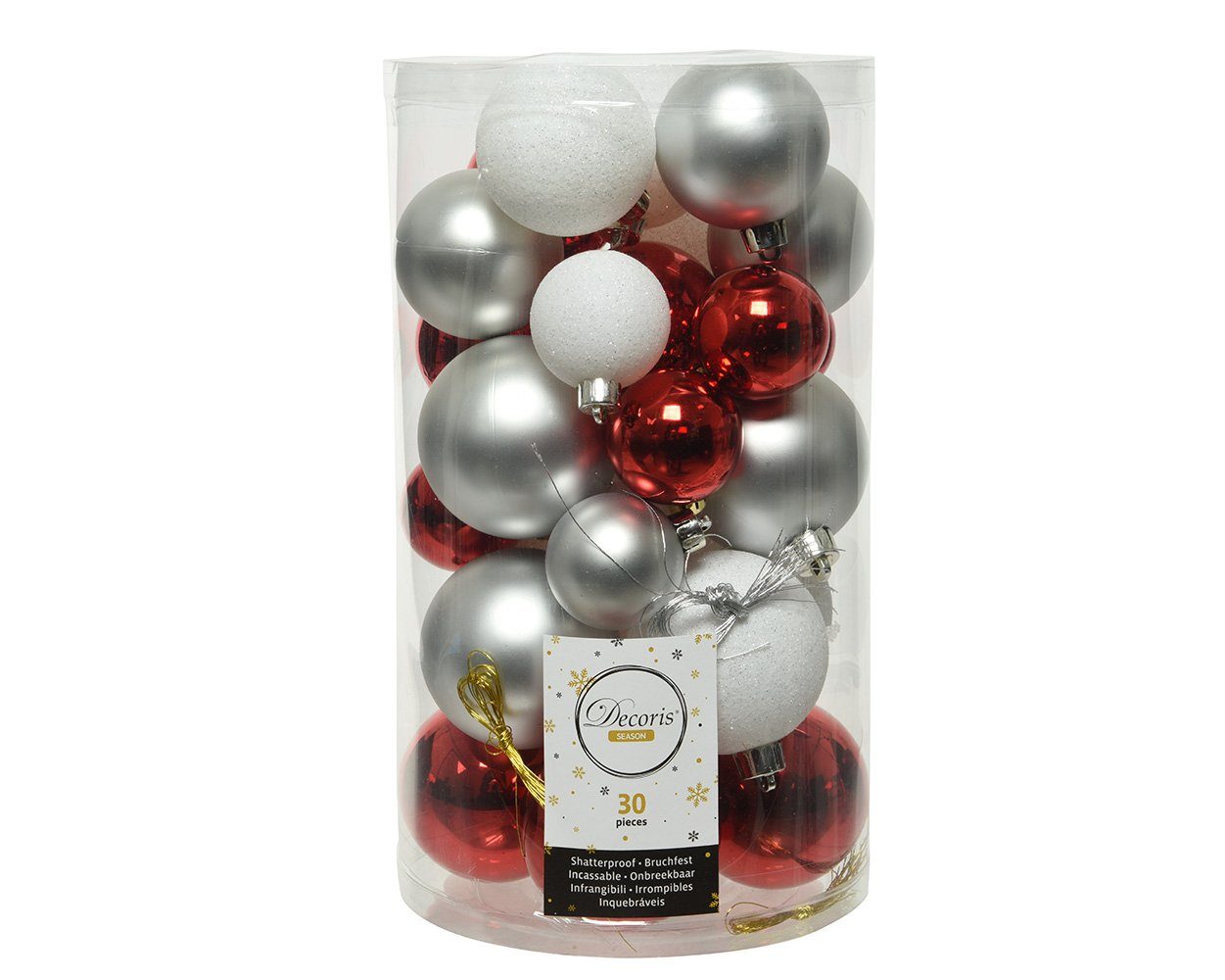 Decoris season decorations Weihnachtsbaumkugel, Weihnachtskugeln Kunststoff Mix 4-6cm rot / weiß / silber, 30er Set