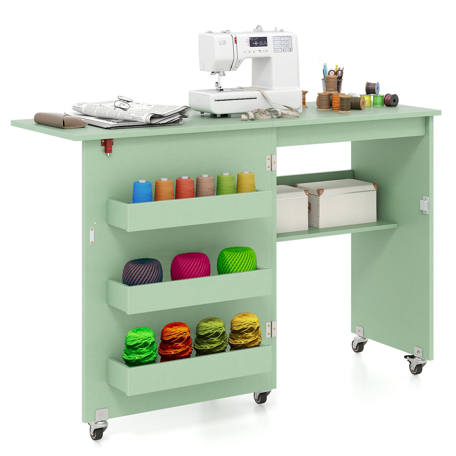 COSTWAY Schreibtisch, Nähtisch klappbar, Nähschrank mit Rollen, Holz