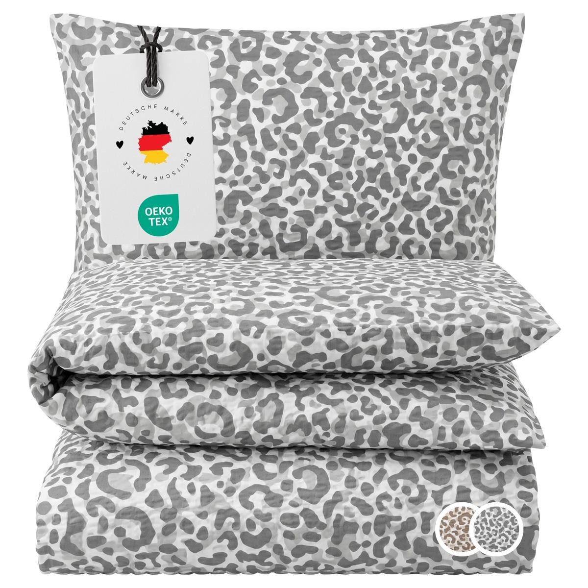 Carpe Sonno Bettwäsche Seersucker 135 x 200 155 x 220 Leo Baumwolle Sommer Leopardenmuster, Seersucker, 2 teilig, OEKO-TEX Bettbezug, Leoparden Bettwäsche mit Reißverschluss 155x220