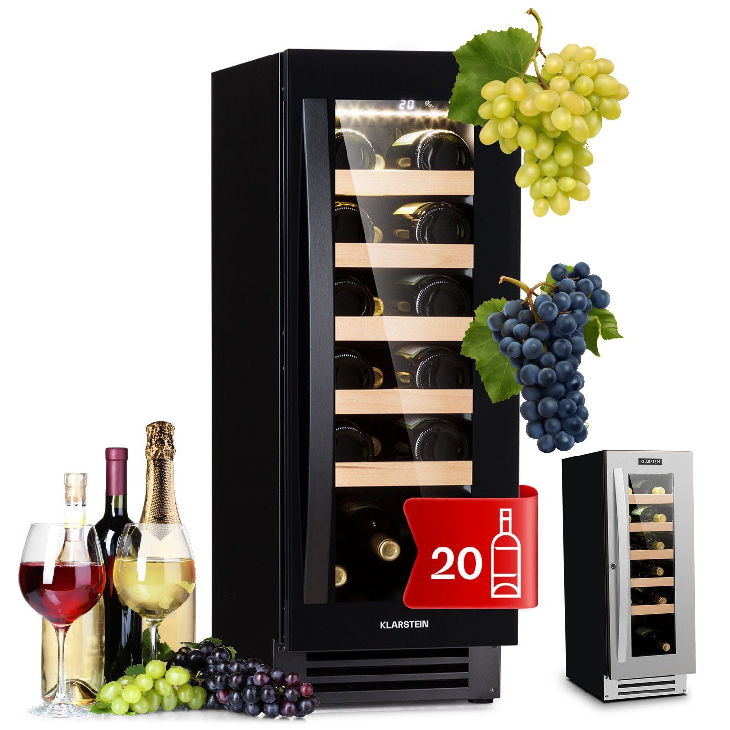 Klarstein Weinkühlschrank Vinovilla á 20 Standardflaschen Built-In, für Weinschrank 0,75l,Wein Kühlschrank 20 Flaschenkühlschrank Weintemperierschrank