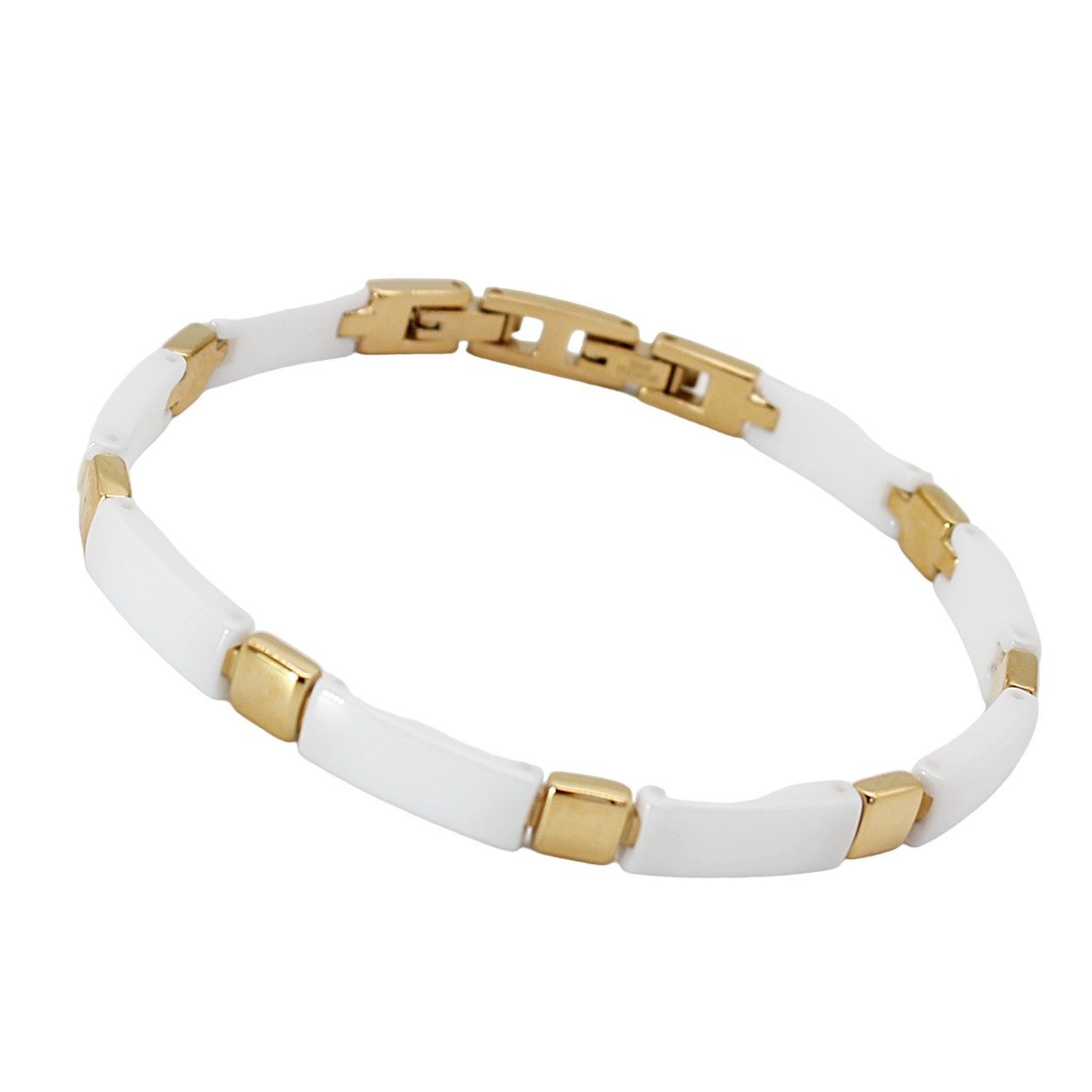ELLAWIL Edelstahlarmband Gliederarmband Armband aus Keramik und Edelstahl Weiß, Gold (Armbandlänge 19 cm), inklusive Geschenkschachtel