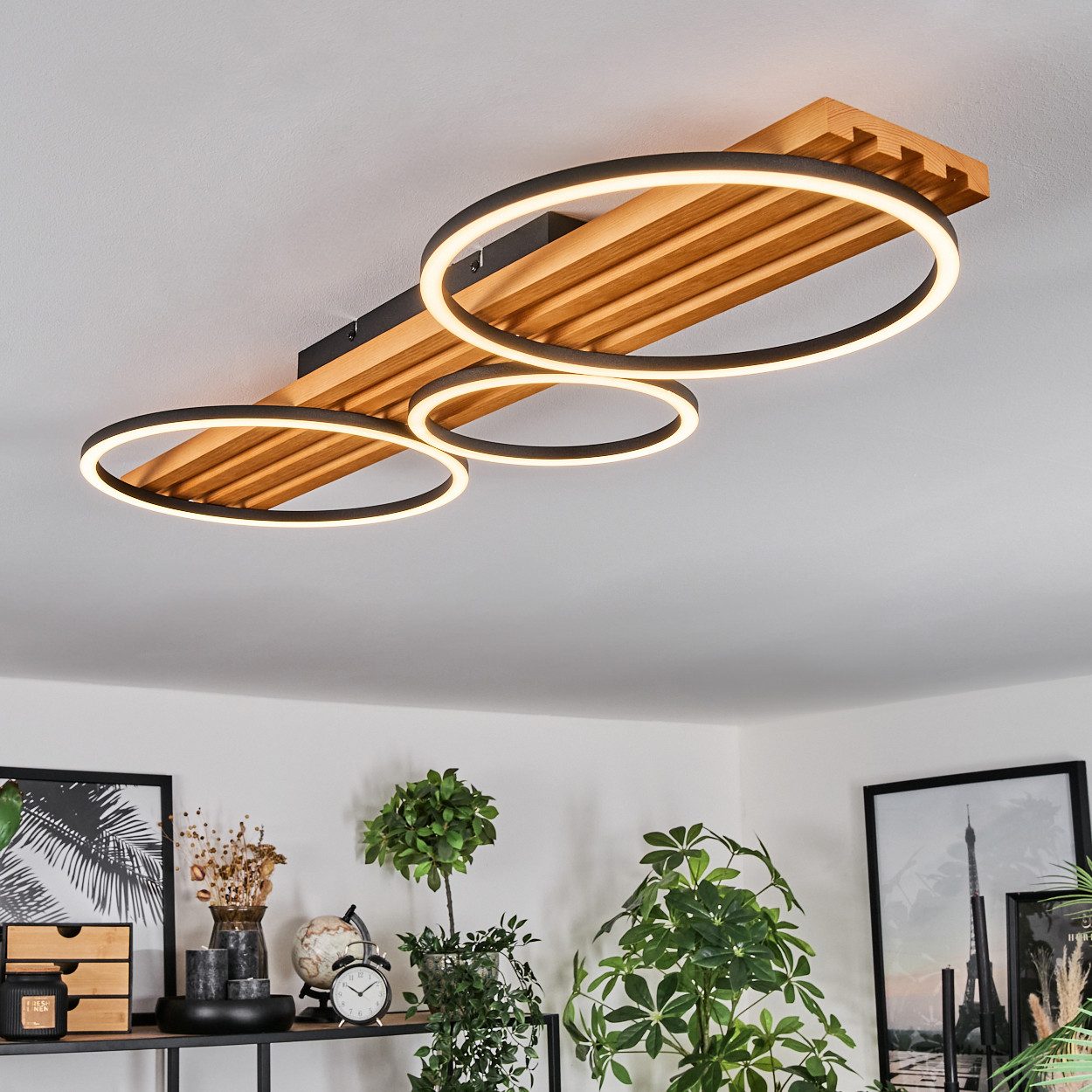 hofstein Deckenleuchte dimmbare Deckenlampe aus Holz/Metall/Kunststoff in Natur/Schwarz/Weiß, LED wechselbar, 3000 Kelvin, im skandinavischen Design, dimmbar üb – Bild 5 von 5