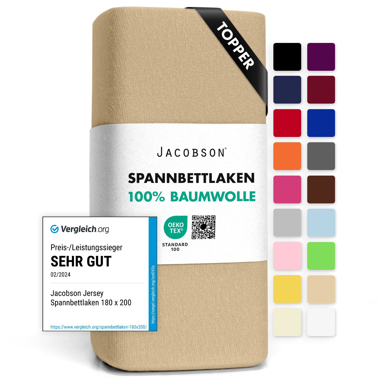 Jacobson Spannbettlaken TOPPER aus 100% Baumwolle, Jersey Bettlaken 160 g/m², Spannbetttuch mit Gummizug, pflegeleicht & viele Farben