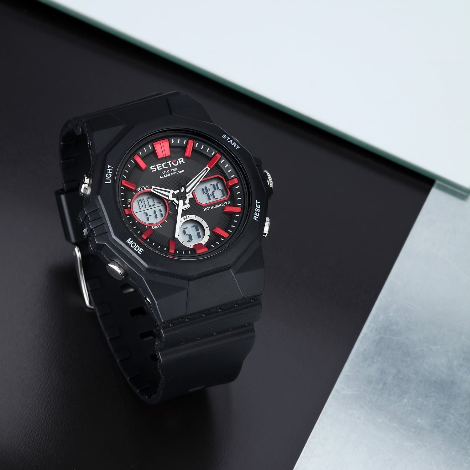 Armbanduhr groß Herren Armbanduhr Herren Casual Digital, rund, 46mm), PURarmband Sector schwarz, (ca. Digitaluhr Sector