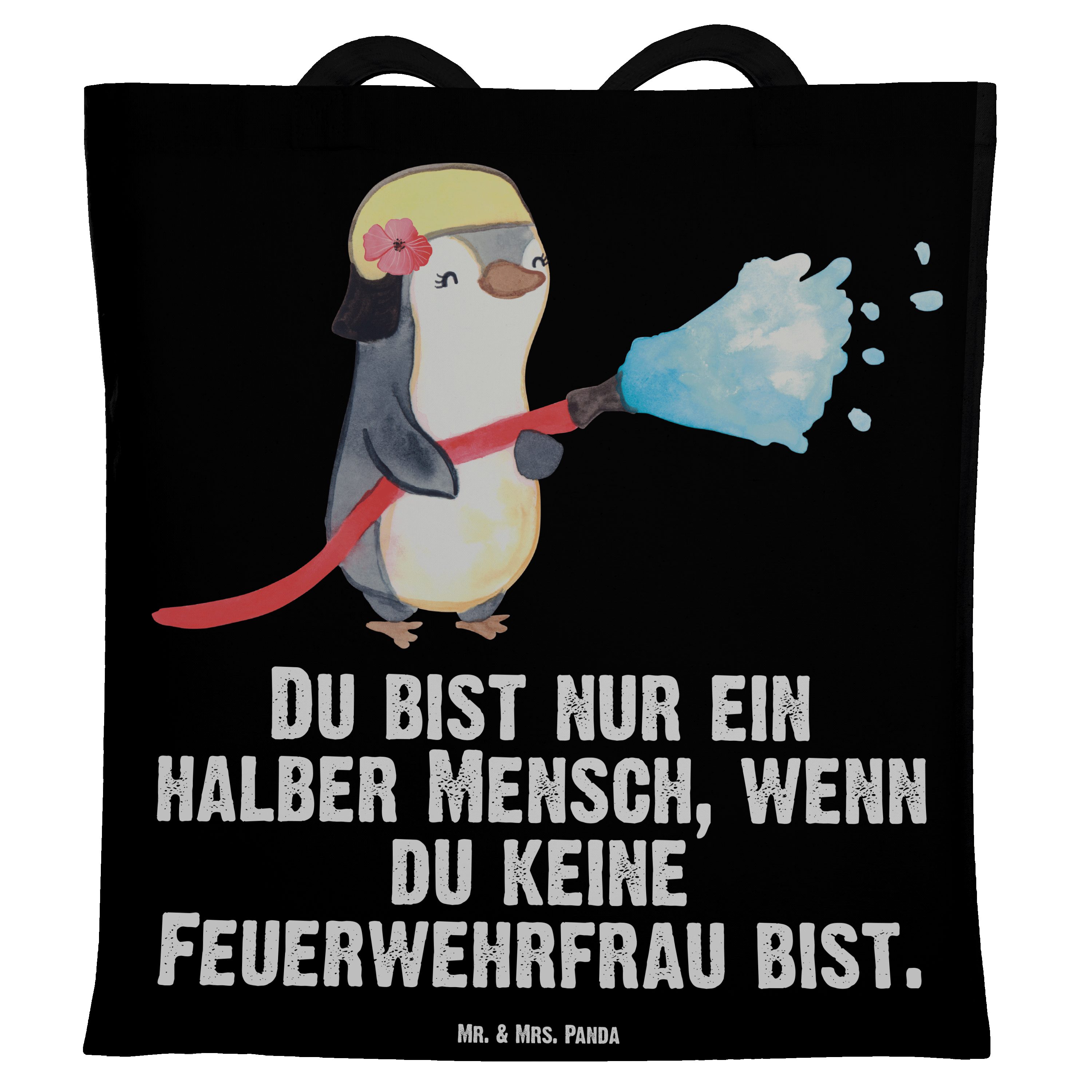 Mr. & Mrs. Panda Tragetasche Feuerwehrfrau mit Herz - Schwarz - Geschenk, Brandschutz, Ausbildung, (1-tlg)