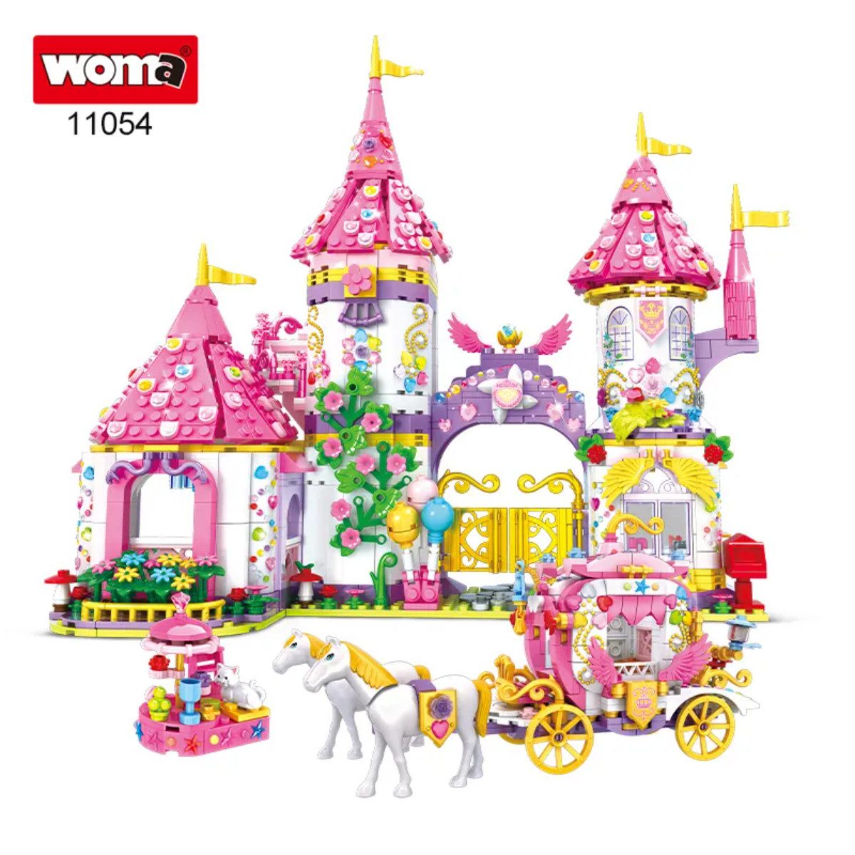 Woma W11054 Spielbausteine, (Fantasy-Spielset, 1460 St., Märchenschloss mit Pferdekutsche aus 1460 Teilen), Großes Märchenschloss mit Pferdekutsche und vielen Details