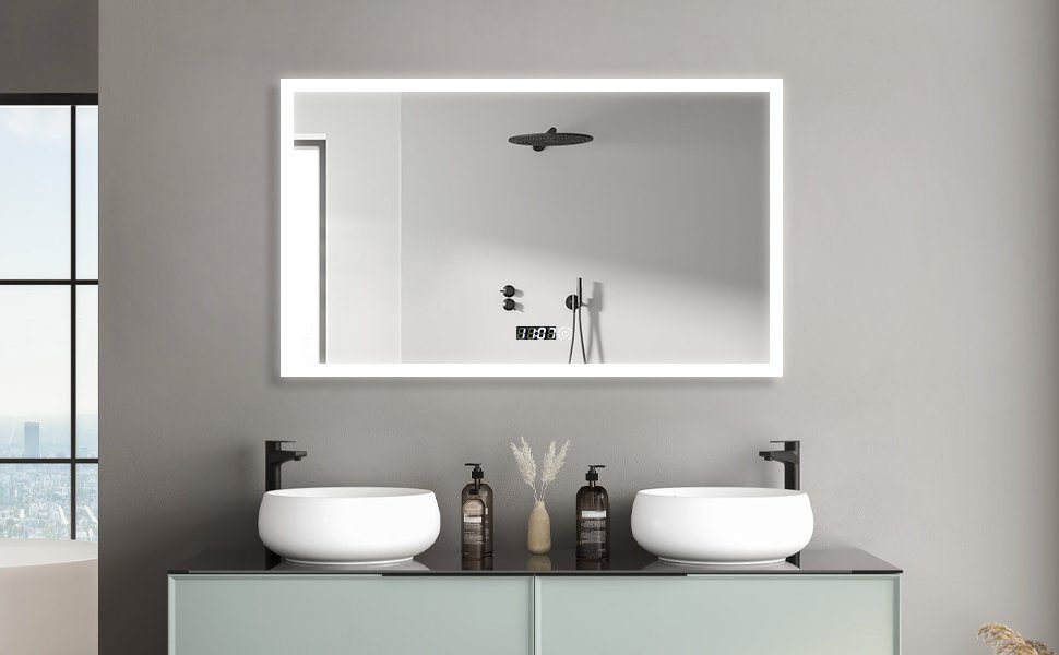GOEZES Badspiegel Led Badspiegel Wandspiegel Badezimmerspiegel mit  beleuchtung 100x60 cm (Uhr, Speicherfunktion,3-Lichtfarben, Helligkeit  dimmbar, Touch, Wandschalter), energiesparender,IP44
