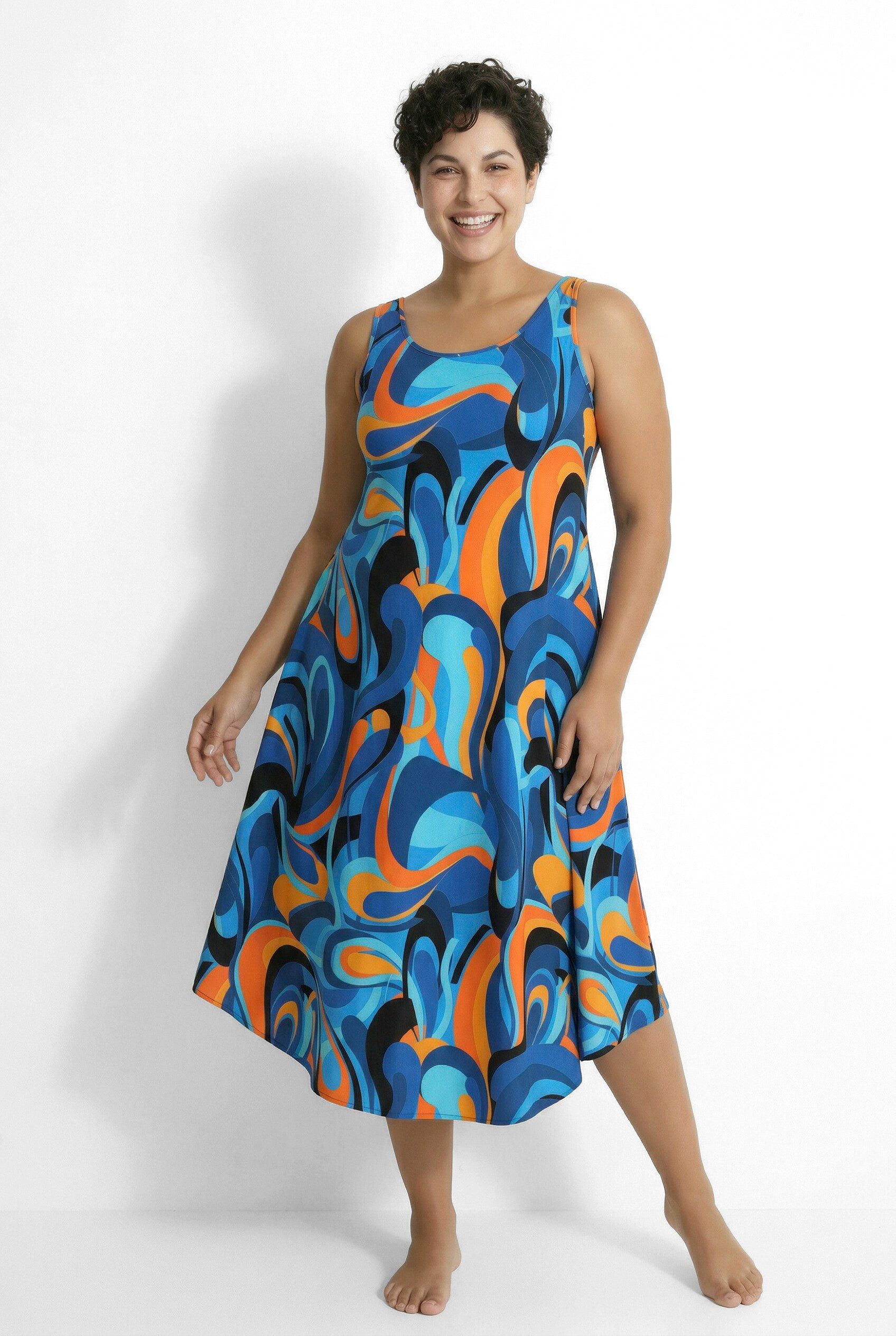 Maxikleid Midikleid Wellenmuster A-Linie Rundhals ärmellos