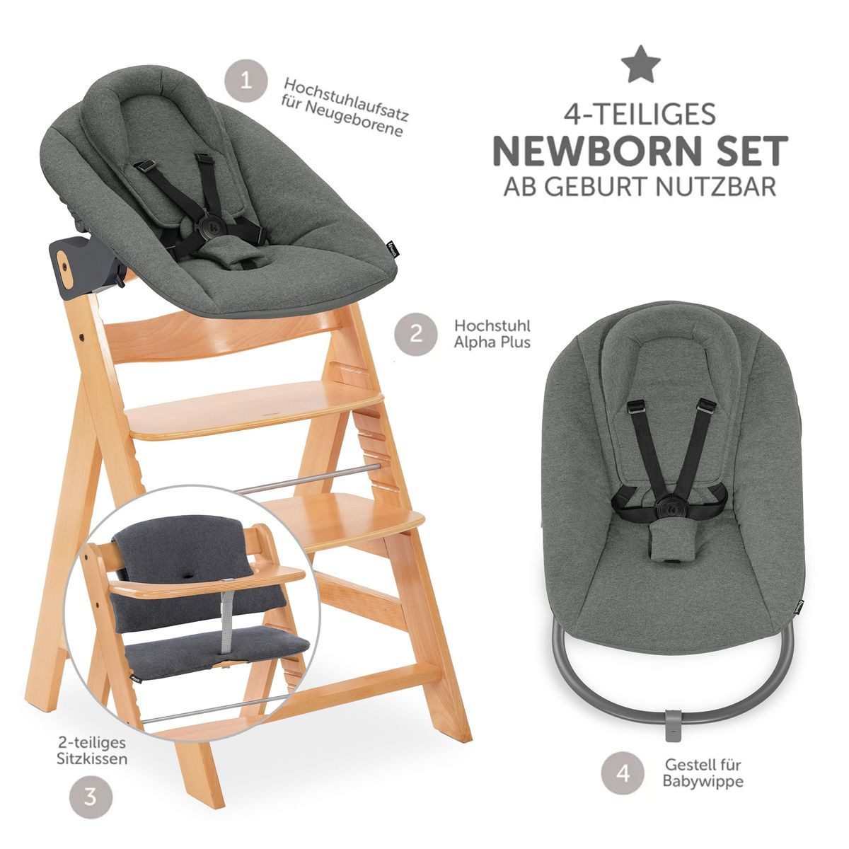 Hauck Hochstuhl Alpha Plus Newborn Set Premium - Natur, Holz Babyhochstuhl ab Geburt inkl. Neugeborenen Aufsatz & Sitzpolster