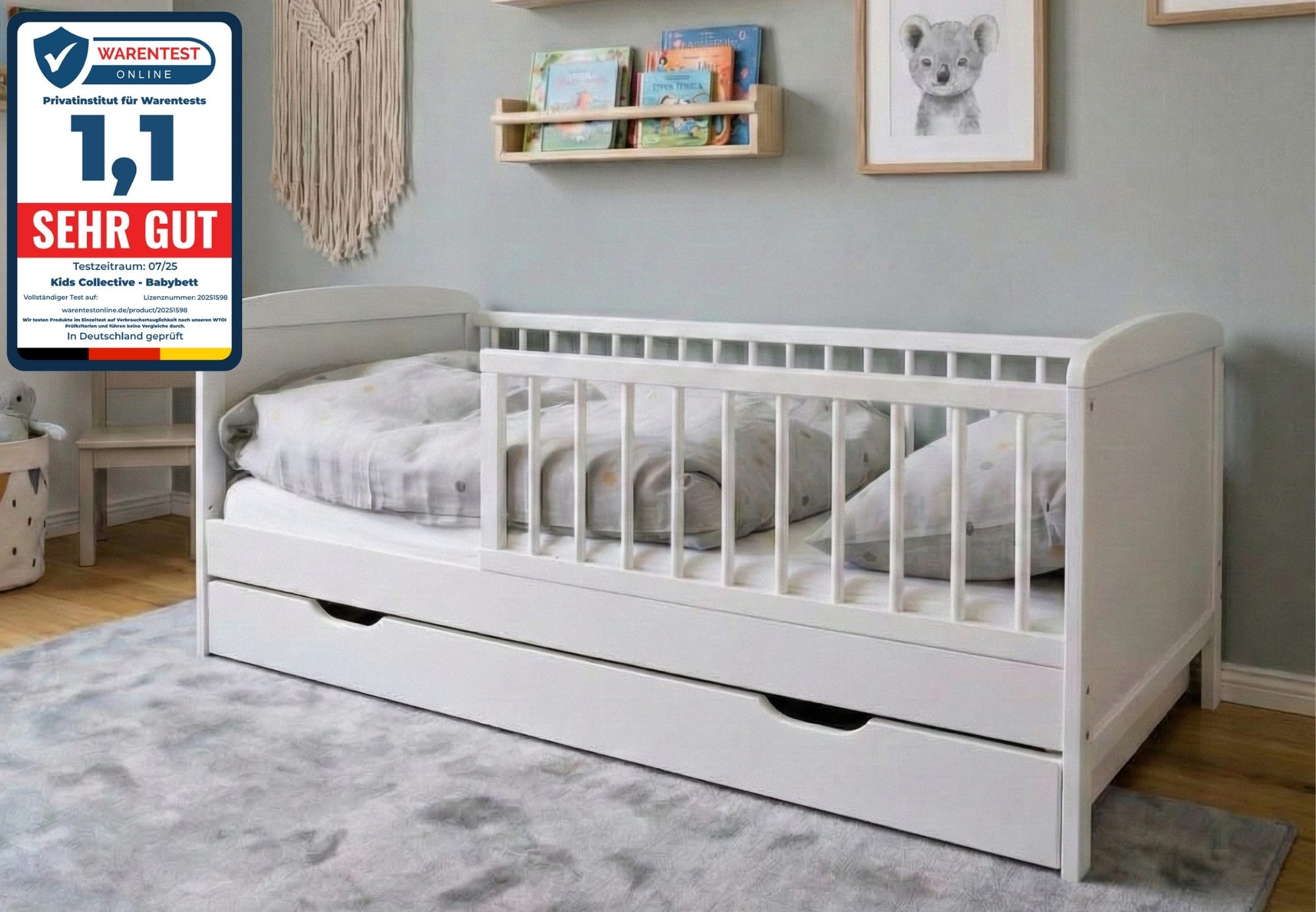 Kids Collective Kinderbett 70x140 cm mit Schublade, Lattenrost und Rausfallschutz in weiß, mit Bettkasten, Made in Europe, Junior-Bett bis zum 6. Lebensjahr