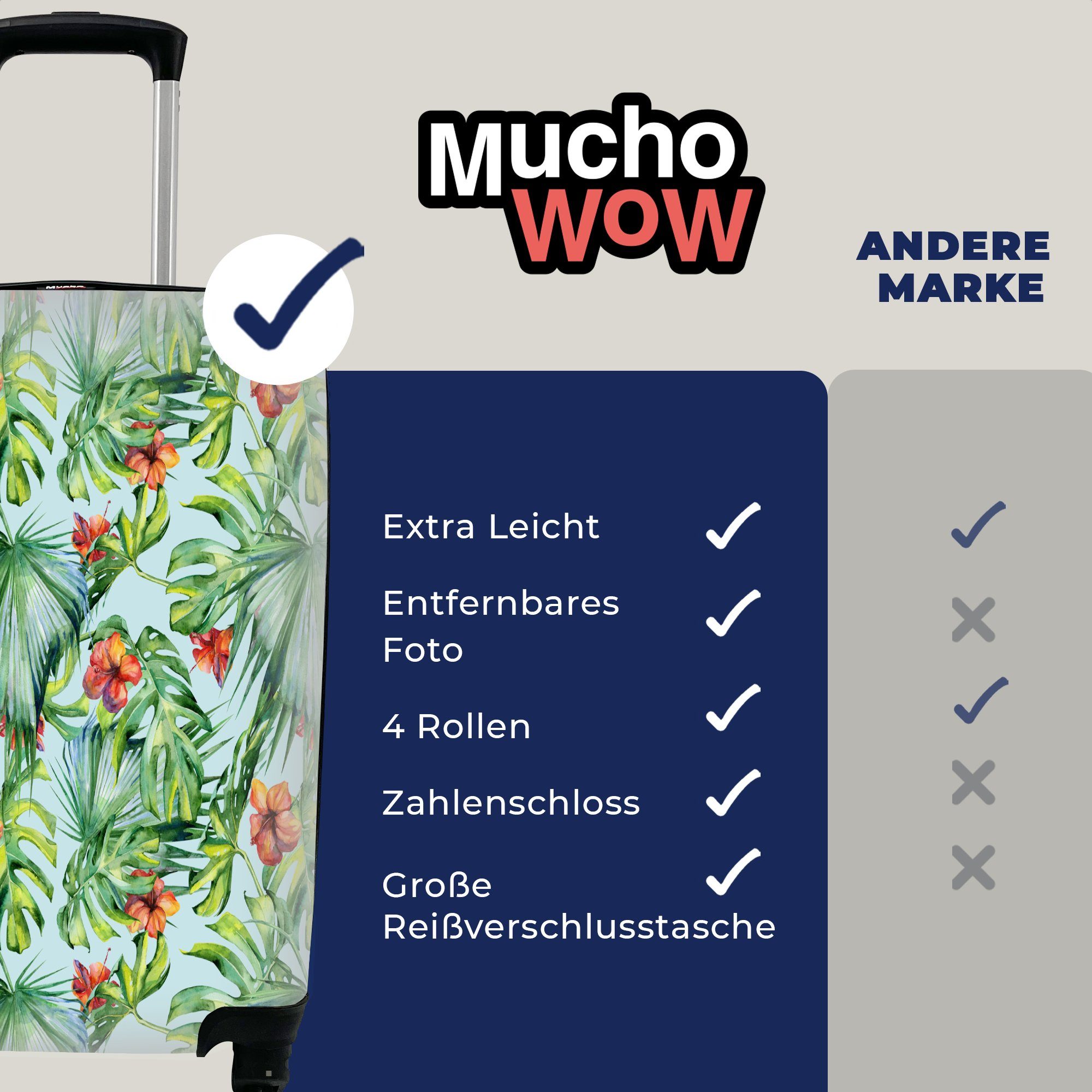 MuchoWow Handgepäckkoffer Trolley, für Ferien, Rollen, Reisekoffer Handgepäck Reisetasche rollen, 4 - - mit Blumen Orange, Monstera