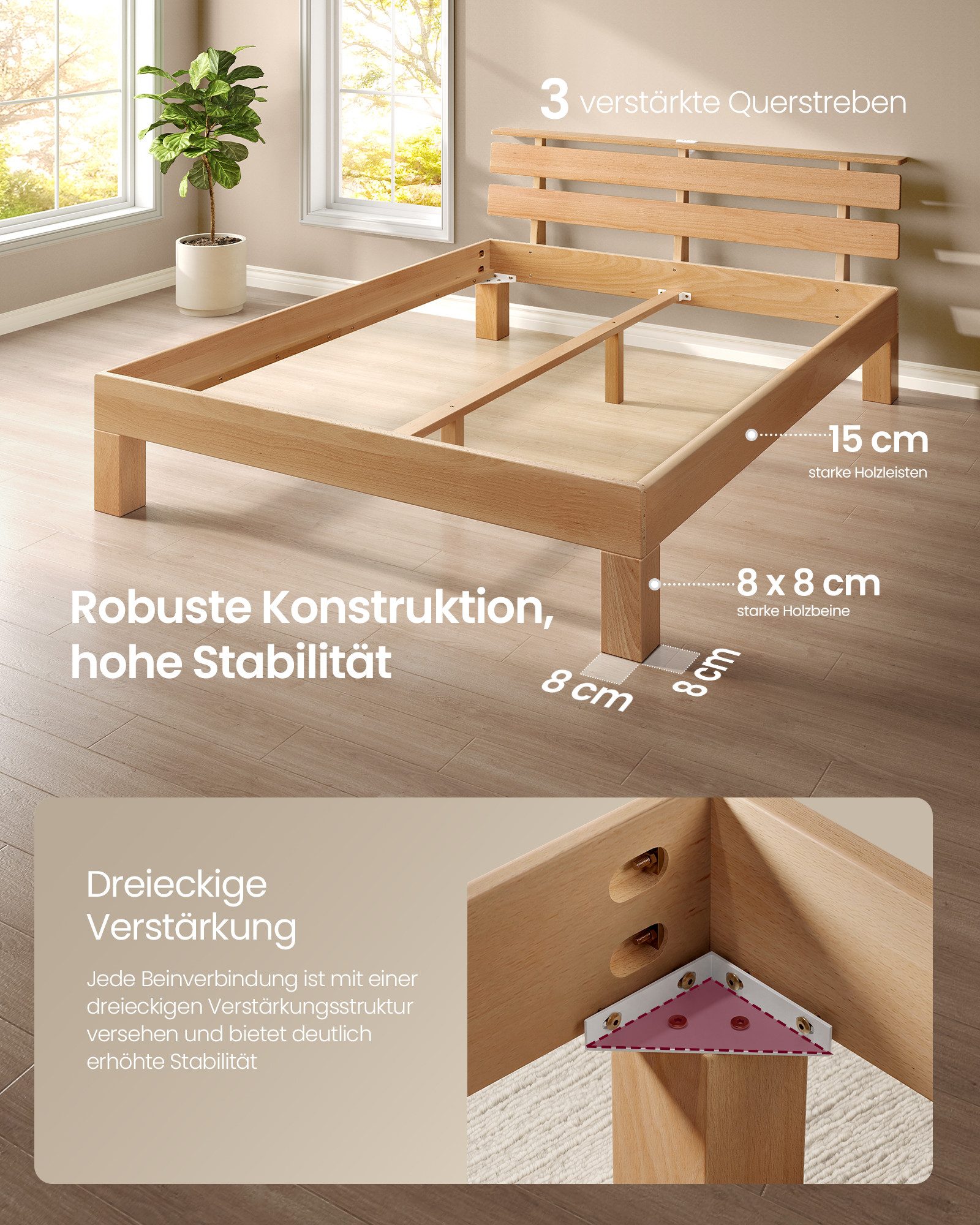VASAGLE Bettgestell Massivholzbett mit LED&USB, 140/160/180cm, ergonomischer Rückenlehne, Bettgestell 140 x 200 cm, Kopfteilablage, hohe Stabilität, Naturfarben – Bild 4 von 5