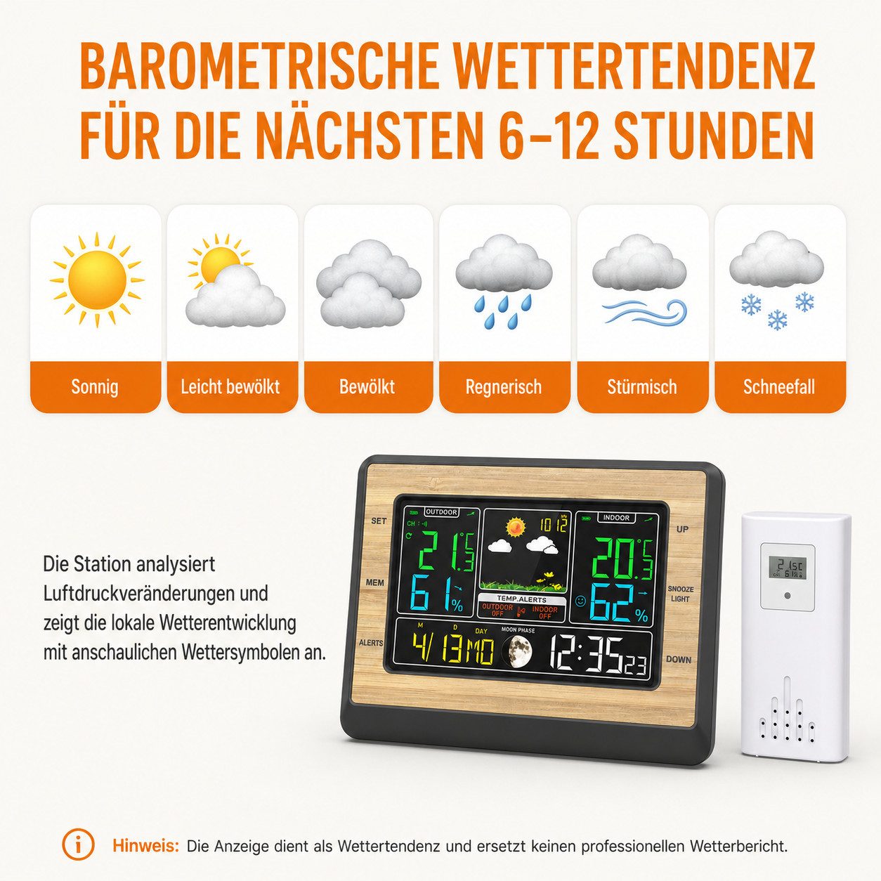 Tekoo Funk-Wetterstation mit Außensensor, 6 Zoll Farbdisplay & Holzoptik Wetterstation (Mit 6 Zoll Farbdisplay und einstellbarer Helligkeit)