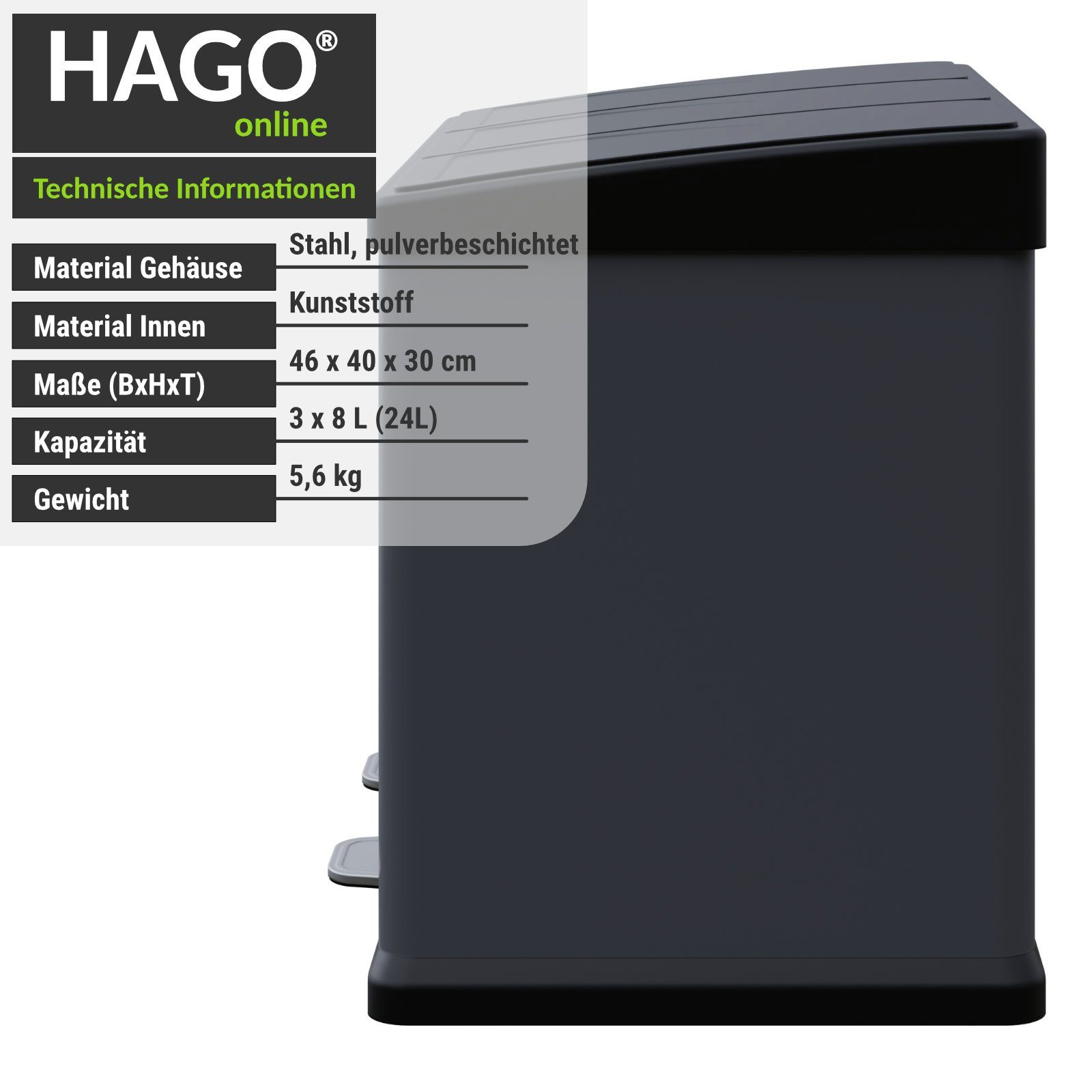 HAGO Mülltrennsystem Premium Mülleimer Trennsystem Abfallbehälter Abfalleimer Mülltrenner anthrazit