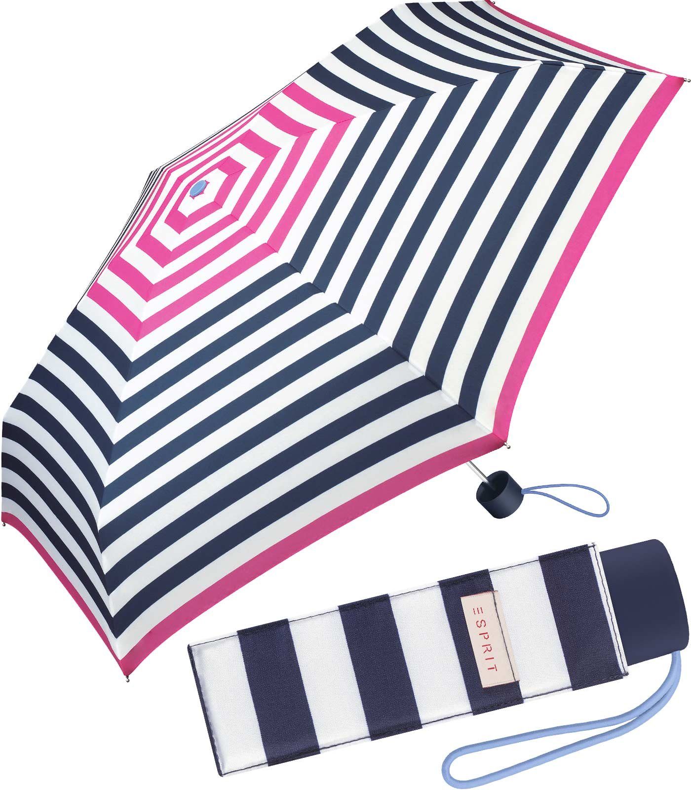 Esprit Taschenregenschirm kleiner, handlicher Schirm für Damen, mit jugendlichem Streifenmuster - pink-navy