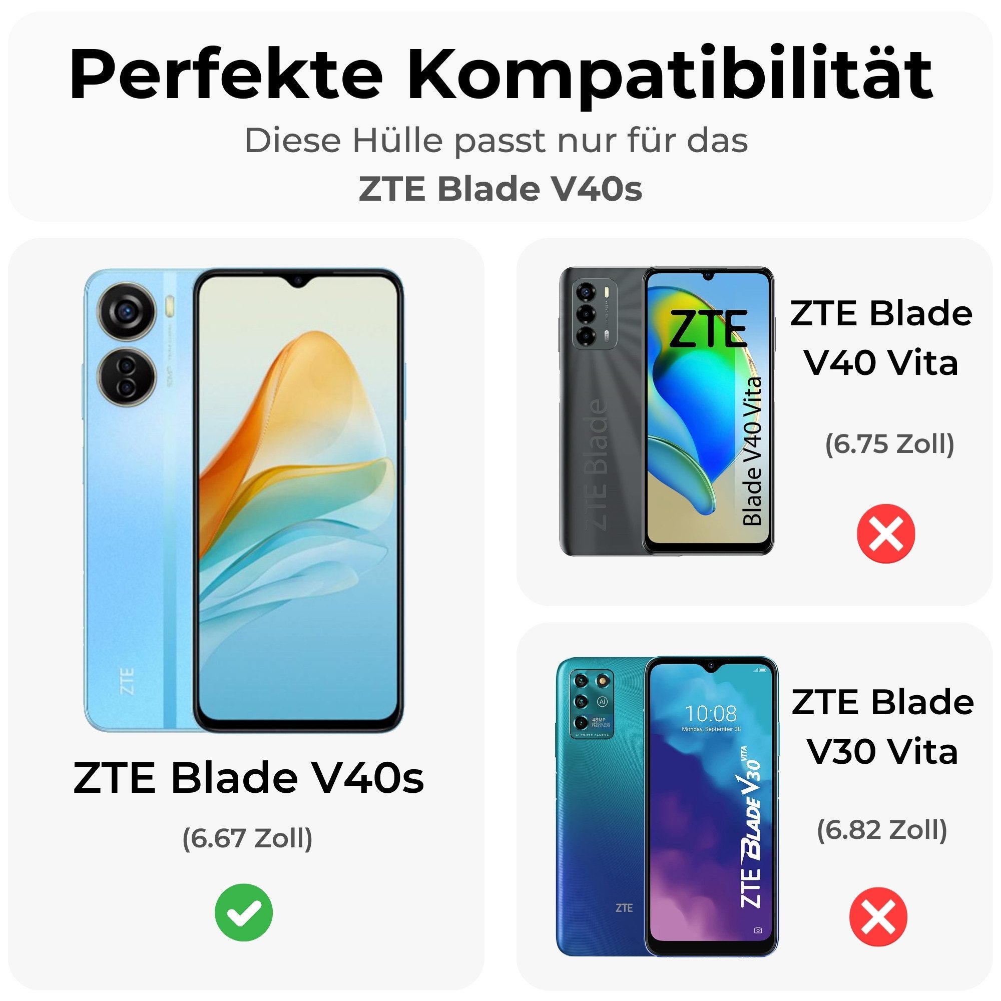 betterfon Handyhülle Handytasche für ZTE Blade V40s Klapphülle Flip Case, Bookstyle-Hülle: Magnetverschluss 3 Kartenfächer & Standfunktion