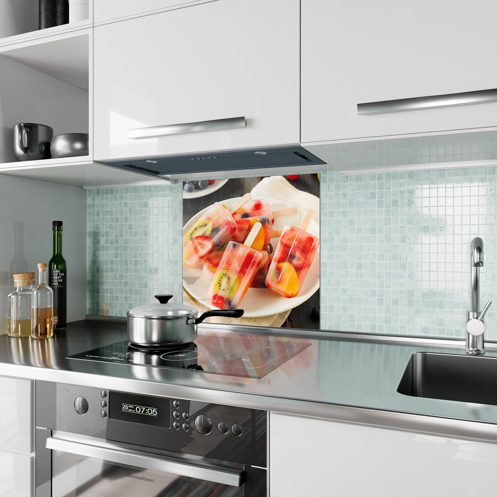Motiv gefrorenem Glas Früchte Eis mit Küchenrückwand Küchenrückwand Primedeco in Spritzschutz