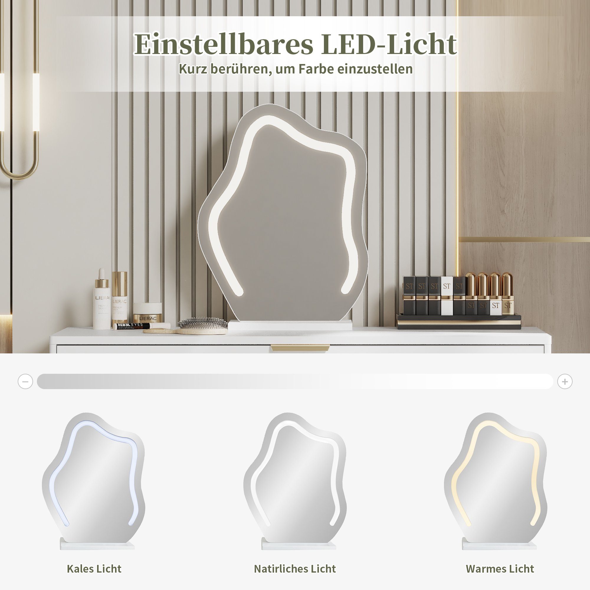 Merax Schminktisch mit LED-Bleuchtung und Spiegel in Wolkenform, Frisiertisch mit Seitenschrank und Schubladen, Kosmetiktisch – Bild 5 von 5