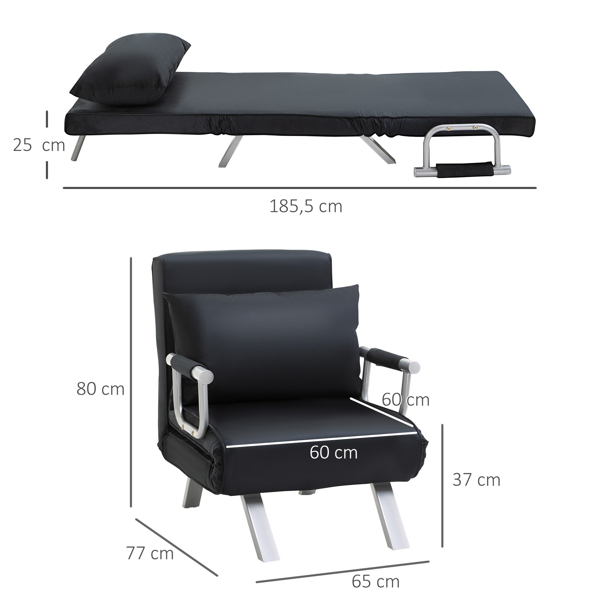 HOMCOM Sessel Schlafsessel mit Armlehne, 2-in-1 Gästebett (Klappbett, 1-St., Schlafsofa), für Wohnzimmer, Schwarz