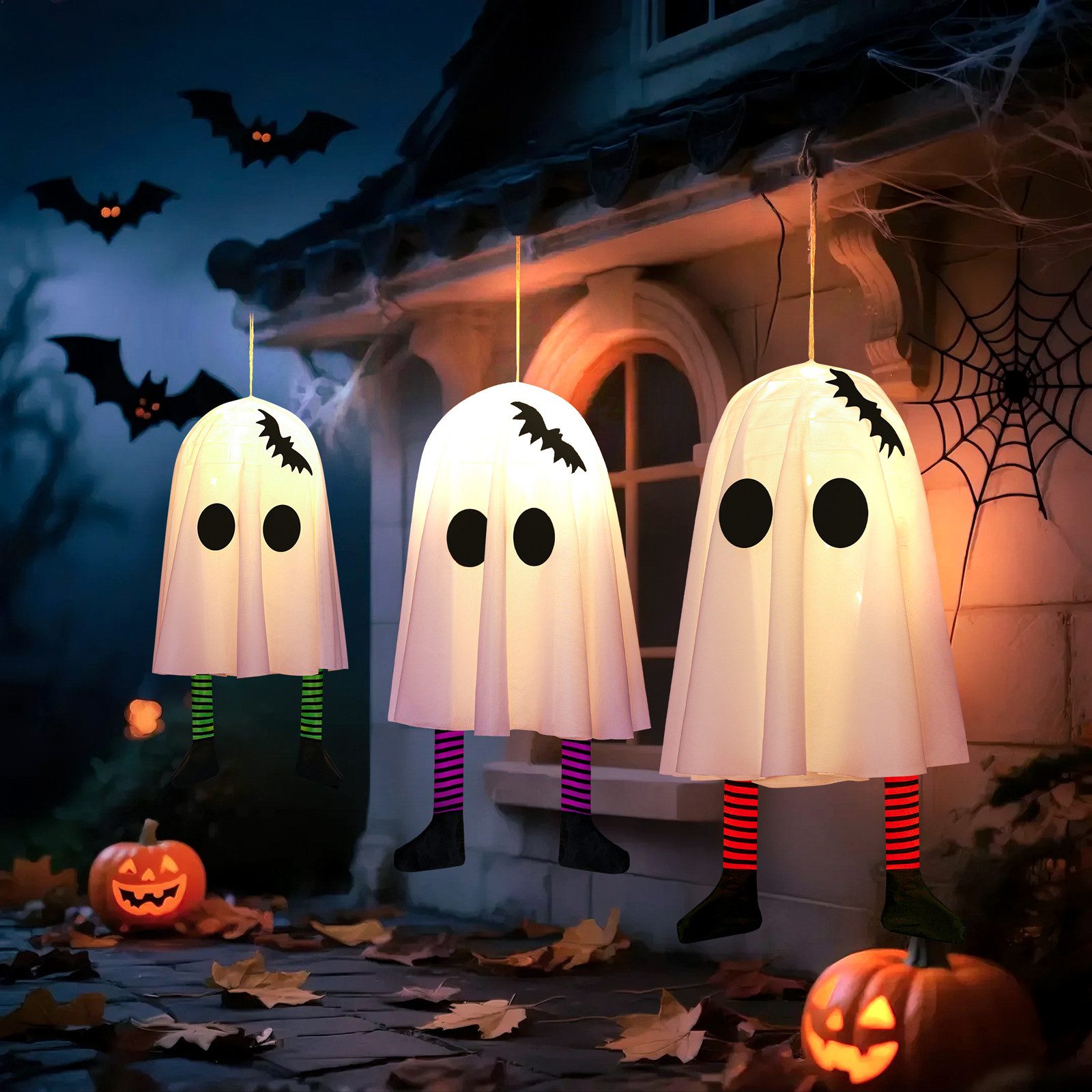 Jibenhome LED-Lichterkette Halloween Hängegeister Hängedekoration,Geister Laterne Beleuchtet, 1/3/6 Stück,mit gestreiften Strümpfen mit Fledermäusen,3 Blinkmodi