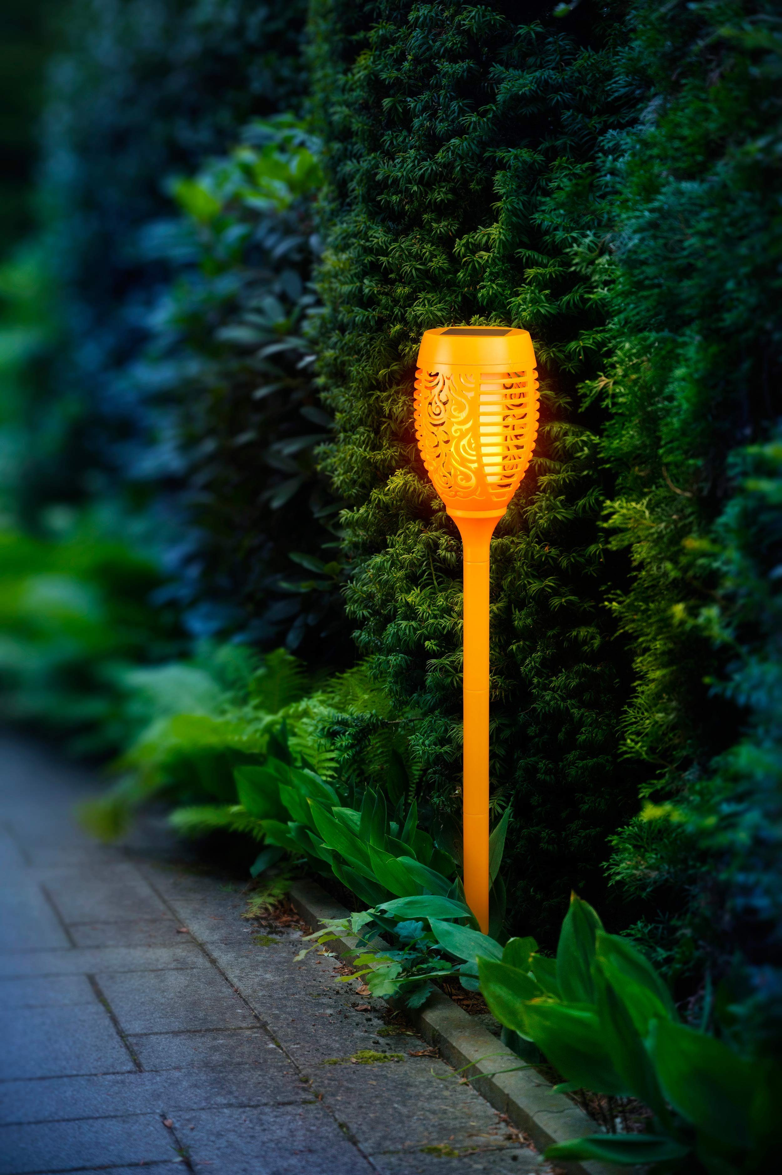 integriert, hoch, bunt, 72 für Außen, bunte LED Flammeneffekt, Solarleuchten Gartenfackel cm mit ca. wasserdicht, fest Gartenfackel kamelshopping bunt LED Dämmerungssensor,