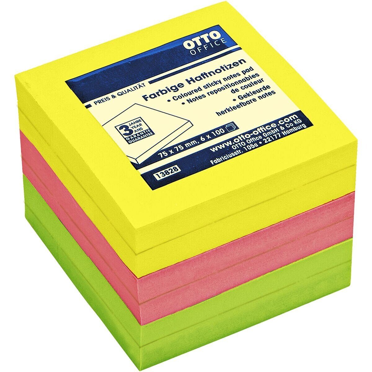 Otto Office Haftnotizblock, 7,5x7,5 cm, in Neonfarben mit extrastarker Haftung