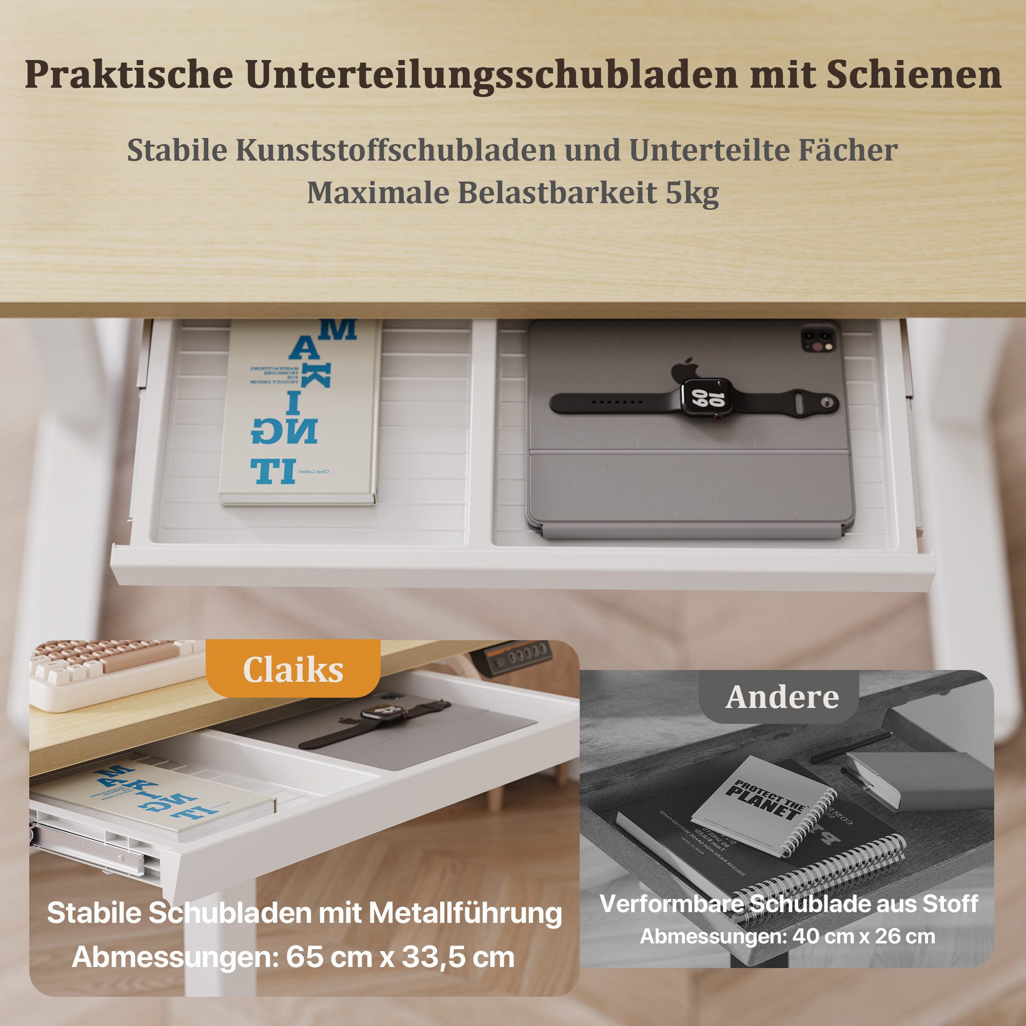 Claiks Schreibtisch Elektrischer Höhenverstellbarer Schreibtisch mit Schublade (1-St), mit 3-Memory, 2 Kopfhörerhaken, 140x60cm, Beige – Bild 5 von 5