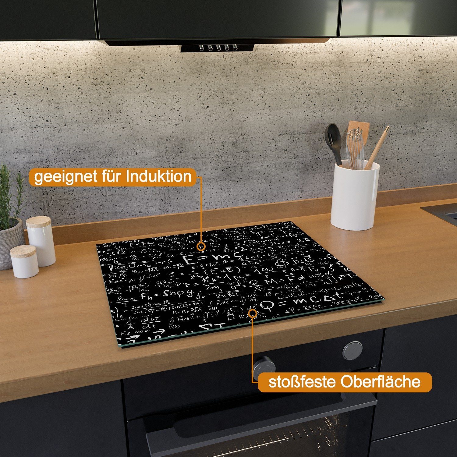 Wallario verschiedene (Glasplatte, 5mm Noppen), Größen Mathematische Herd-Abdeckplatte ESG-Sicherheitsglas,  Formeln Relativitätstheorie, inkl. tlg., 1