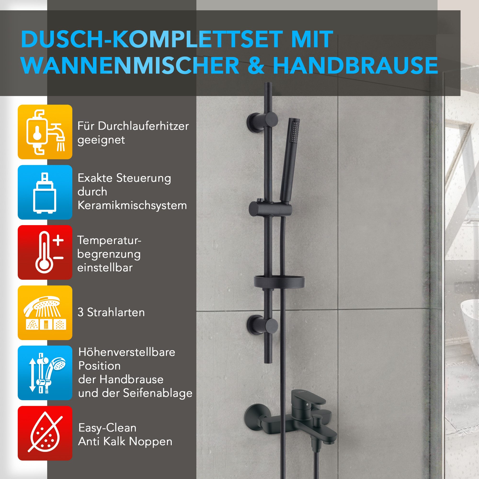 hansgrohe Wannenarmatur Vernis Blend Wannenmischer Set mit Aloni Handbrause und Regendusche (Spar-Set) Einhebel Badewannenarmatur, chrom oder schwarz matt