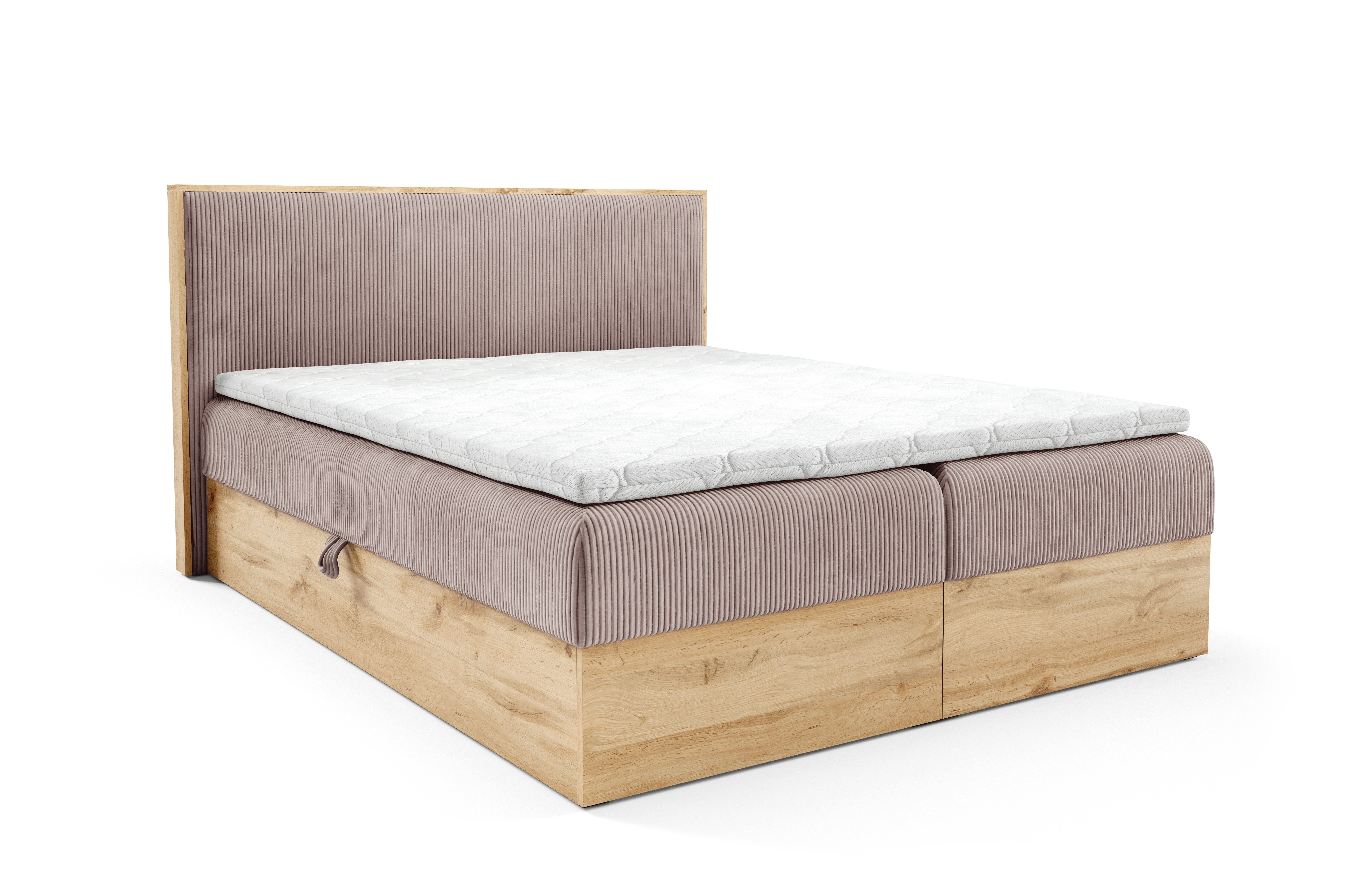 Home Collective Boxspringbett Bett Doppelbett mit Bettkasten Polsterbett Holzoptik Eiche (Größen 120x200, 140x200, 160x200, 180x200, 200x200 cm), Bonell-Federkern und Topper, weicher Kordstoff Altrosa