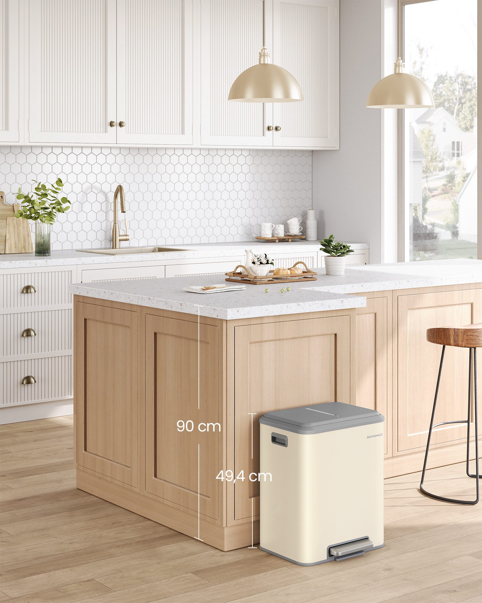 SONGMICS Mülleimer 30L Abfalleimer, Inneneimer, Stahl, Softclose-Deckel, Küche, Mülltrennsystem 2 x 15 L, 2 Fächer für Recycling und Restmüll