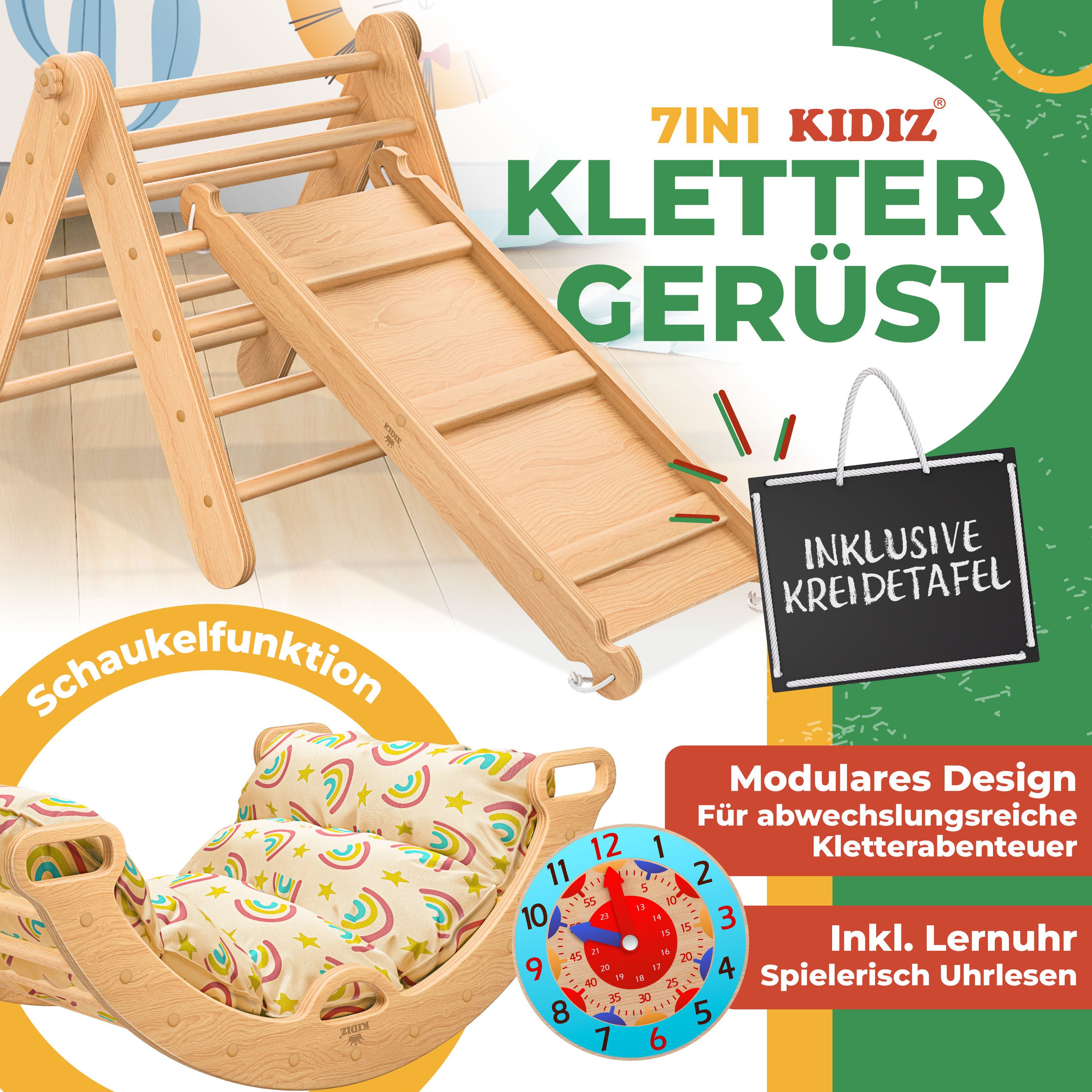 KIDIZ Klettergerüst mit Kletterbogen Montessori 7in1 Spiel-Set aus Holz, (inklusive Rutsche, Kletterdreieck, Kissen, Tafel & Lern-Uhr), Indoor Spielplatz für Kleinkinder ab 1 Jahr & Kinder bis 3 Jahre